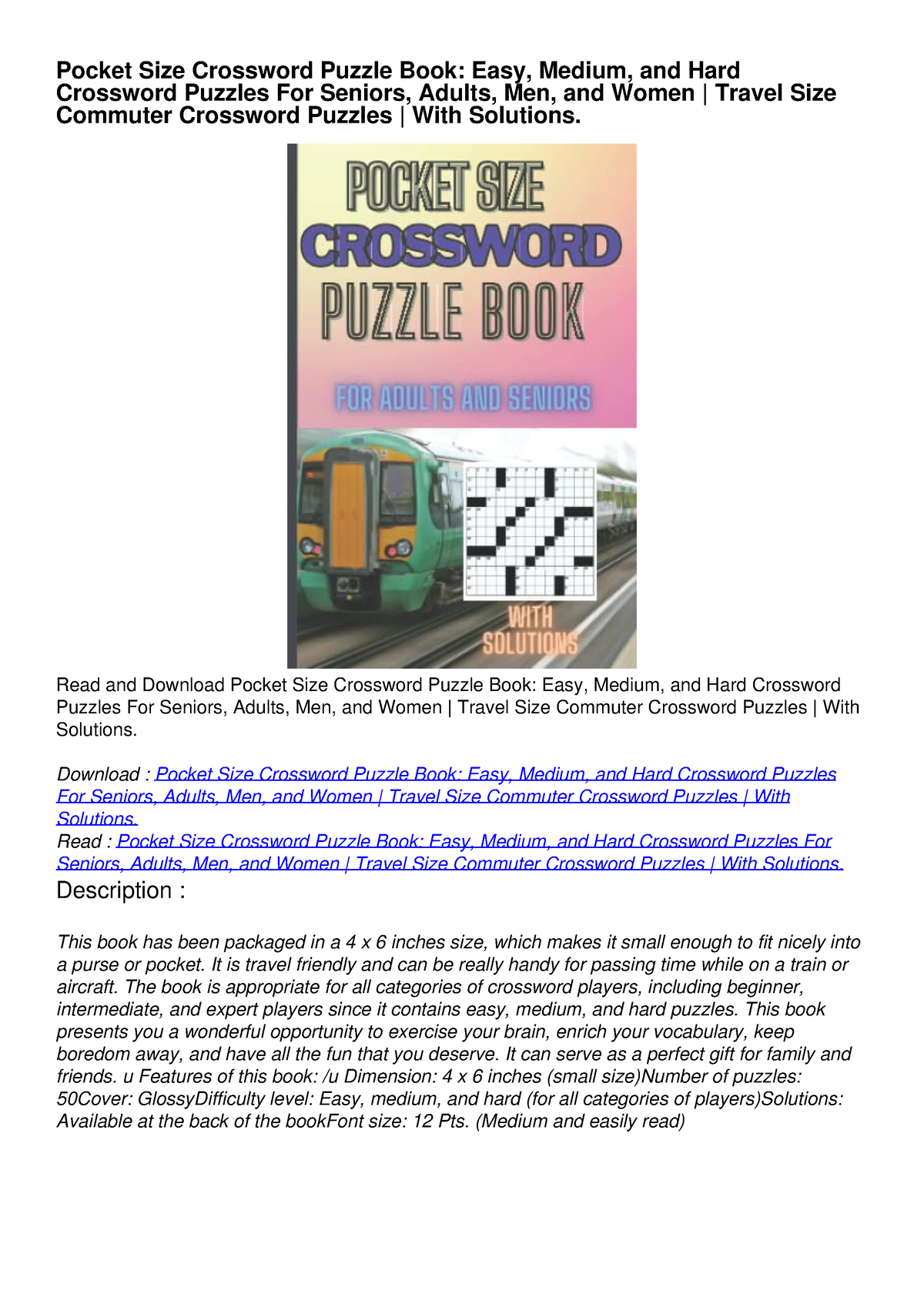 PDF DOWNLOAD FREE Pocket Size Crossword Puzzle Book: Easy Medium
