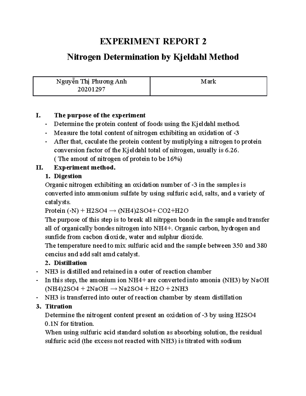 Experiment Report Biochemistry 1 EXPERIMENT REPORT 2 Nitrogen