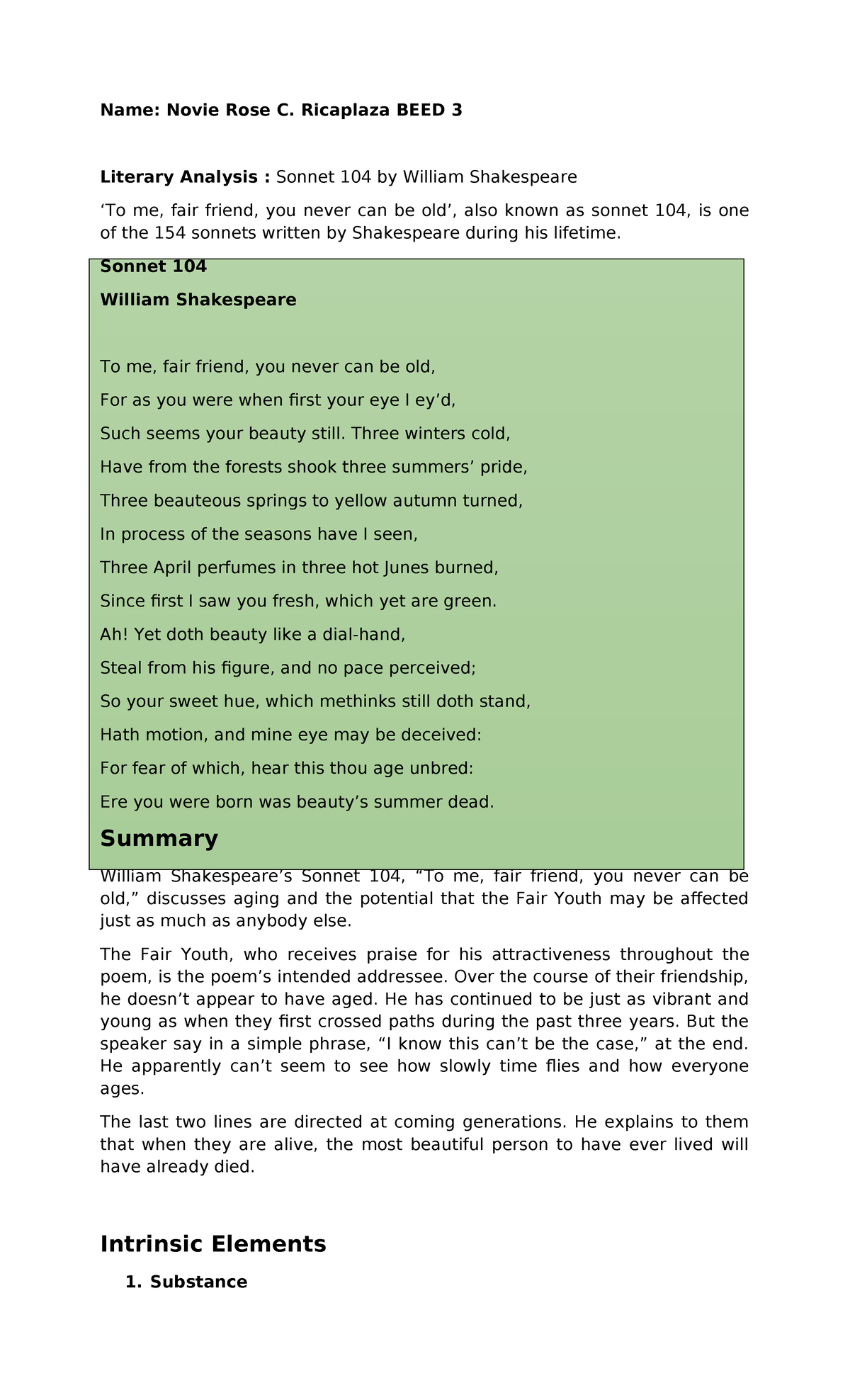 Literary Analysis - Sonnet 104 by William Shakespeare - Name: Novie ...