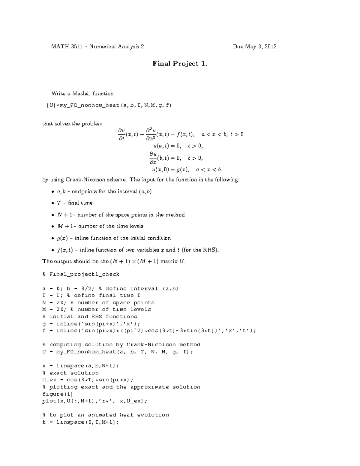 Final project 1 and 2 2012 MATH 3511 Numerical Analysis 2 Due May
