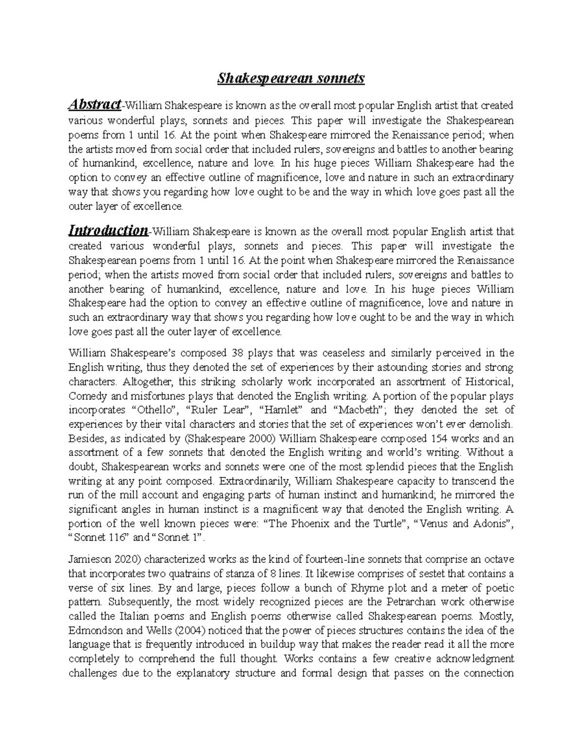 Shakespearean Sonnets - Shakespearean sonnets Abstract -William ...