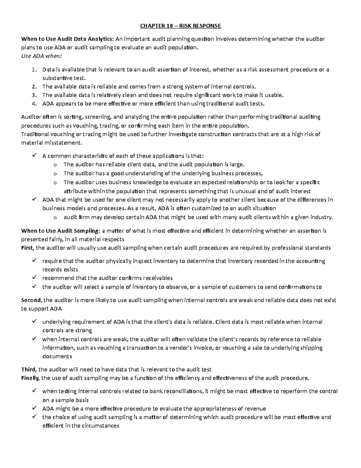 Chapter 10 - Detailed - Auditing notes - CHAPTER 10 – RISK RESPONSE ...