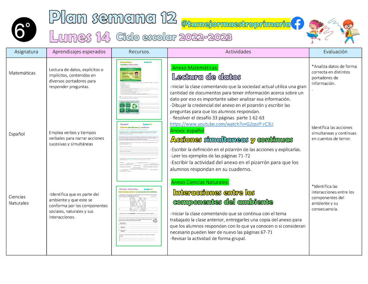 ?☘️MT 6° Plan sem 12 22-23tumejormaestro - Asignatura Aprendizajes  esperados Recursos. Actividades - Studocu