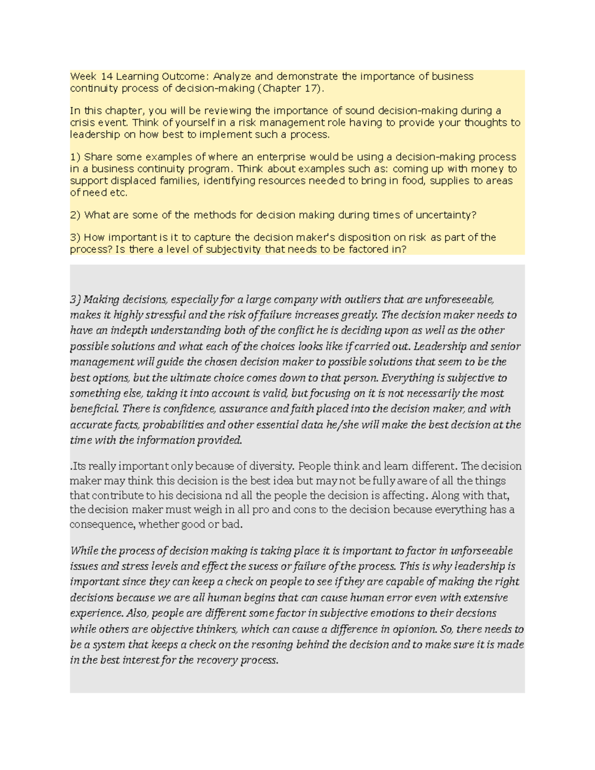 Week 14 Class discussion board assignment Week 14 Learning
