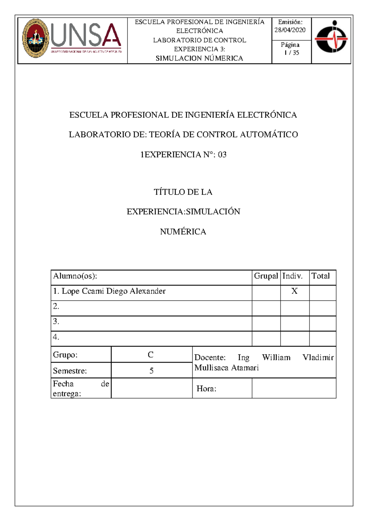 Laboratorio 3 TCA1 - TCA 1 - ELECTRÓNICA LABORATORIO DE CONTROL ...