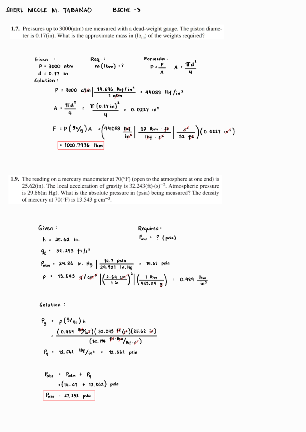 Assignment Chapter 1 - SHERL NICOLE M. TABANAO BSChE 3 1. Pressures up ...