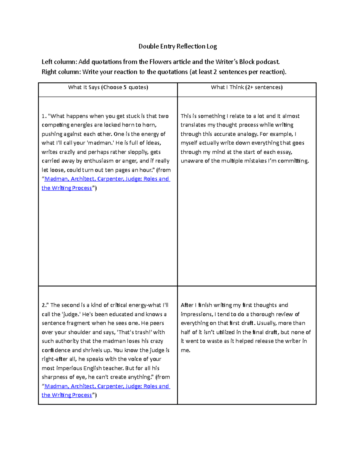 Double Entry Reflection Log Right column Write your reaction to the
