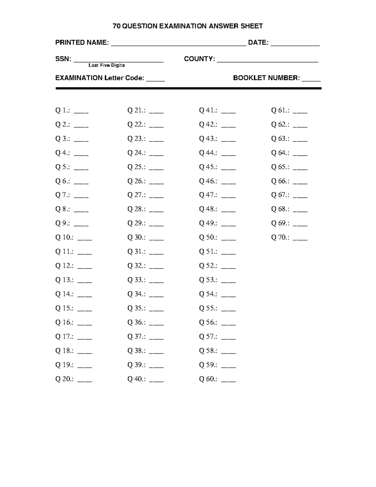 70 Question Answer Sheet - 70 QUESTION EXAMINATION ANSWER SHEET PRINTED ...