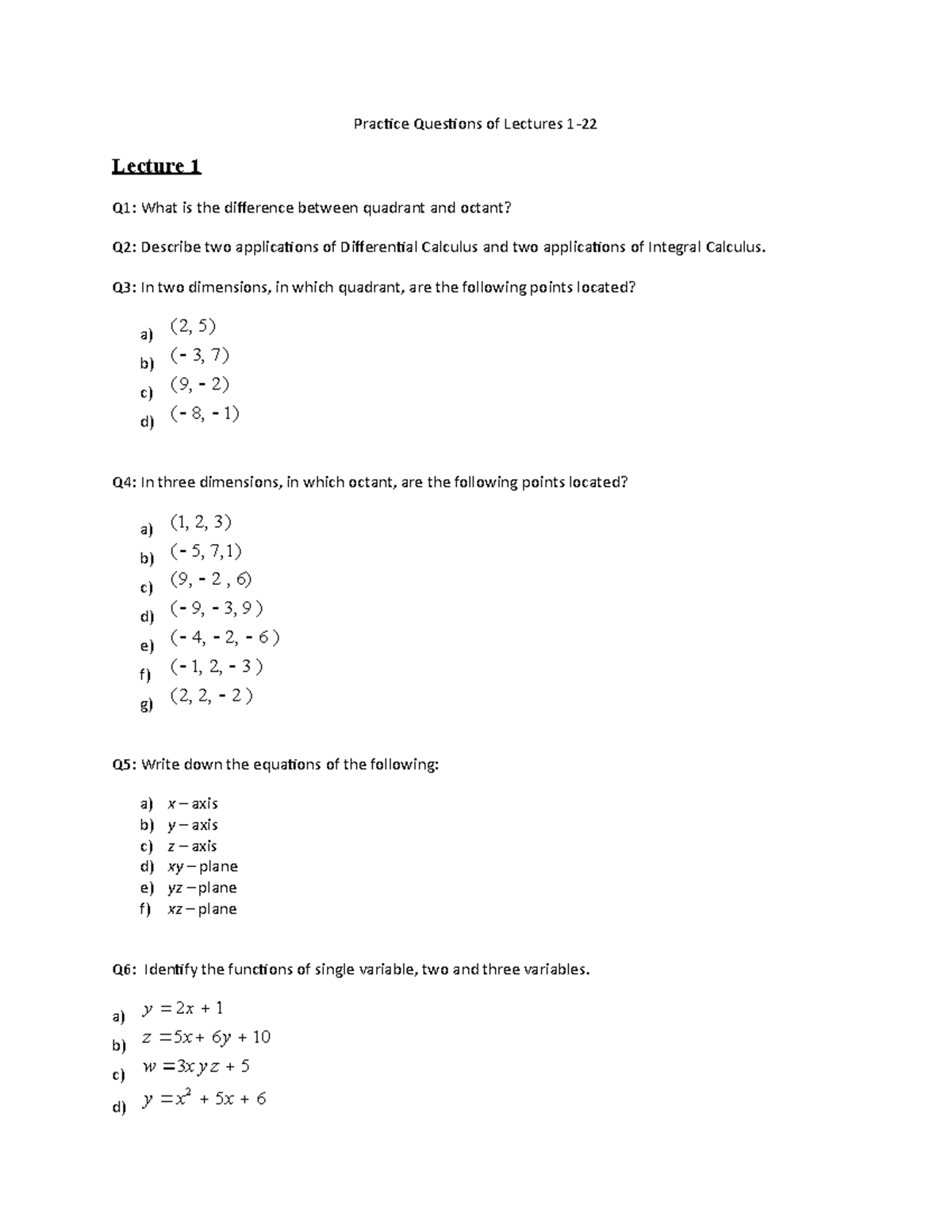 Practice Questions First 22 Lectures - Practice Questions Of Lectures 1 ...