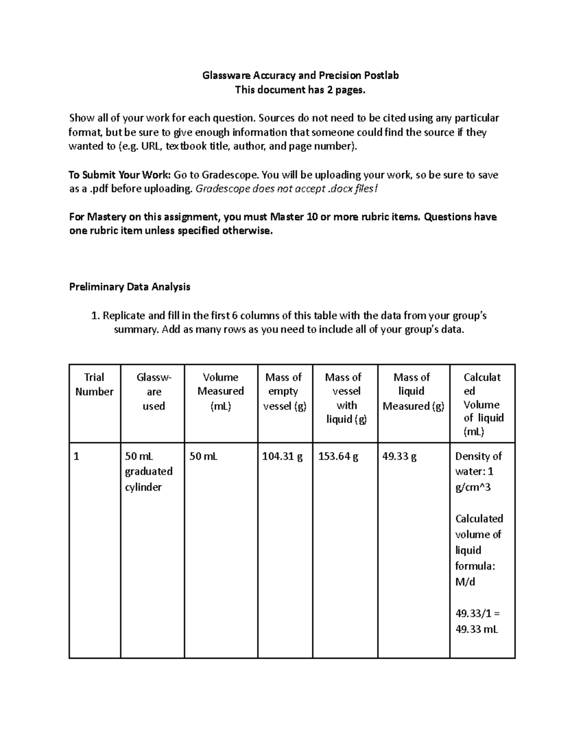 Glassware Postlab Glassware Accuracy and Precision Postlab This document has 2 pages. Show all