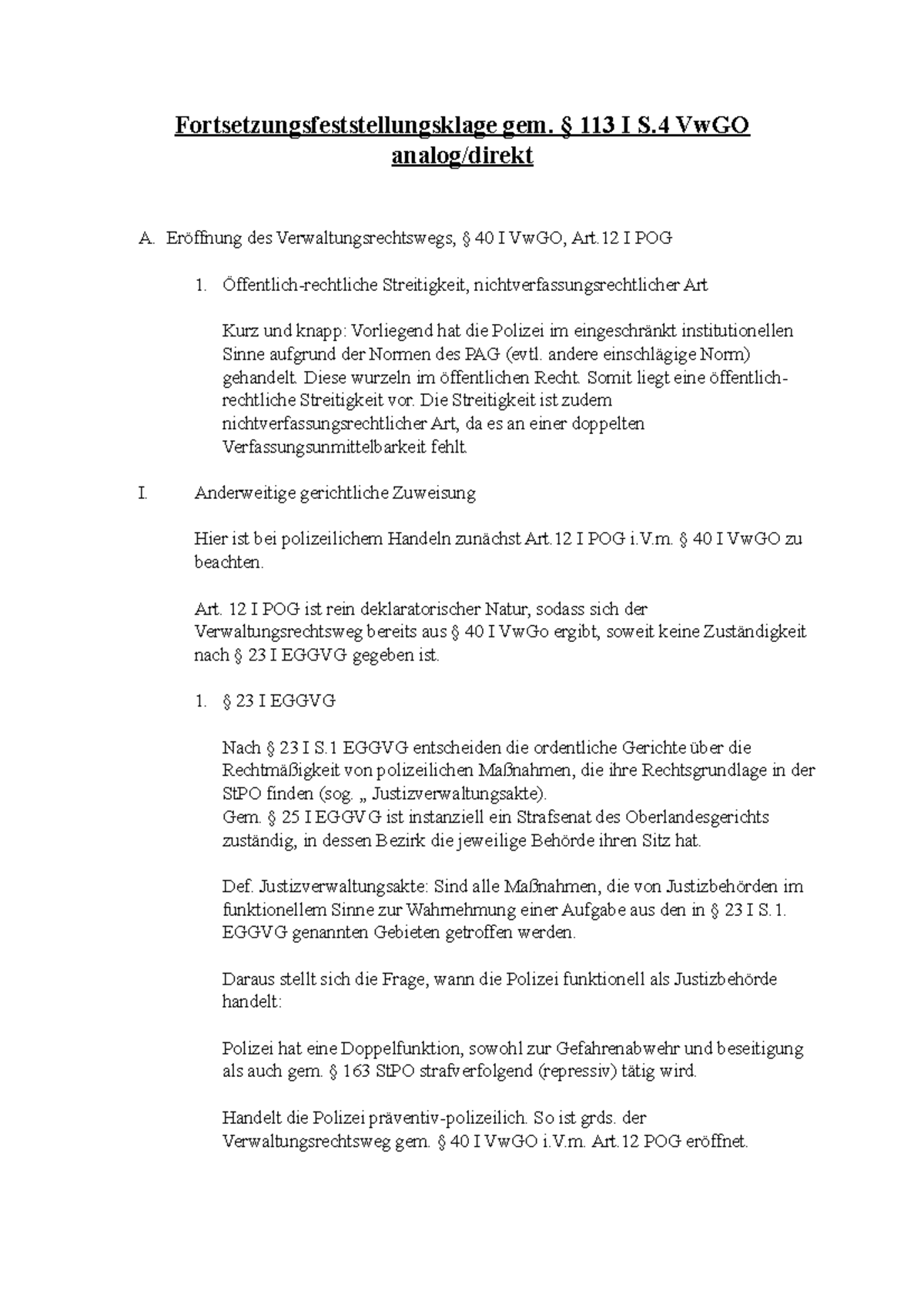 Fortsetzungsfeststellungsklage - § 113 I S VwGO analog/direkt A ...