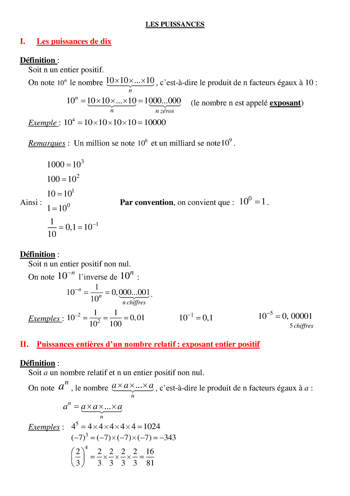 Chap 5 - Cours TB - Puissances - LES PUISSANCES I. Les Puissances De ...