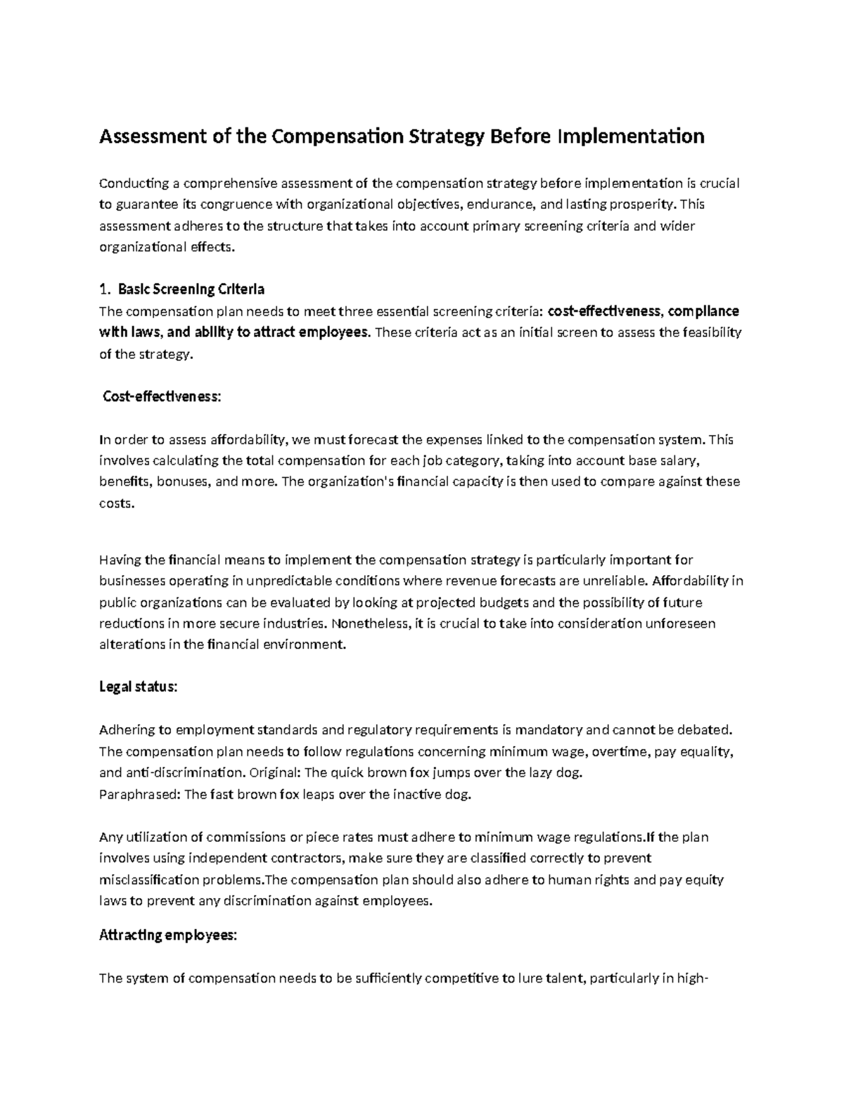 Assessment of the Compensation Strategy Before Implementation - This ...