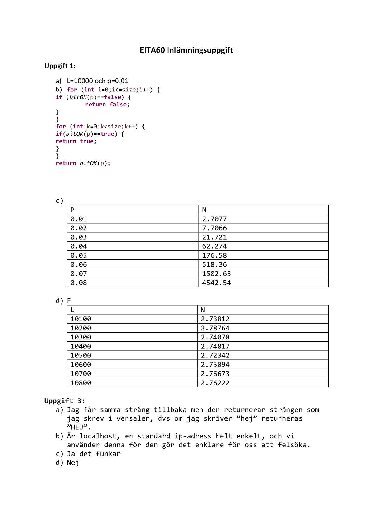 EITA60 Inlämning (NY) - EITA60 Inl‰mningsuppgift Uppgift 1: A) L=10000 ...