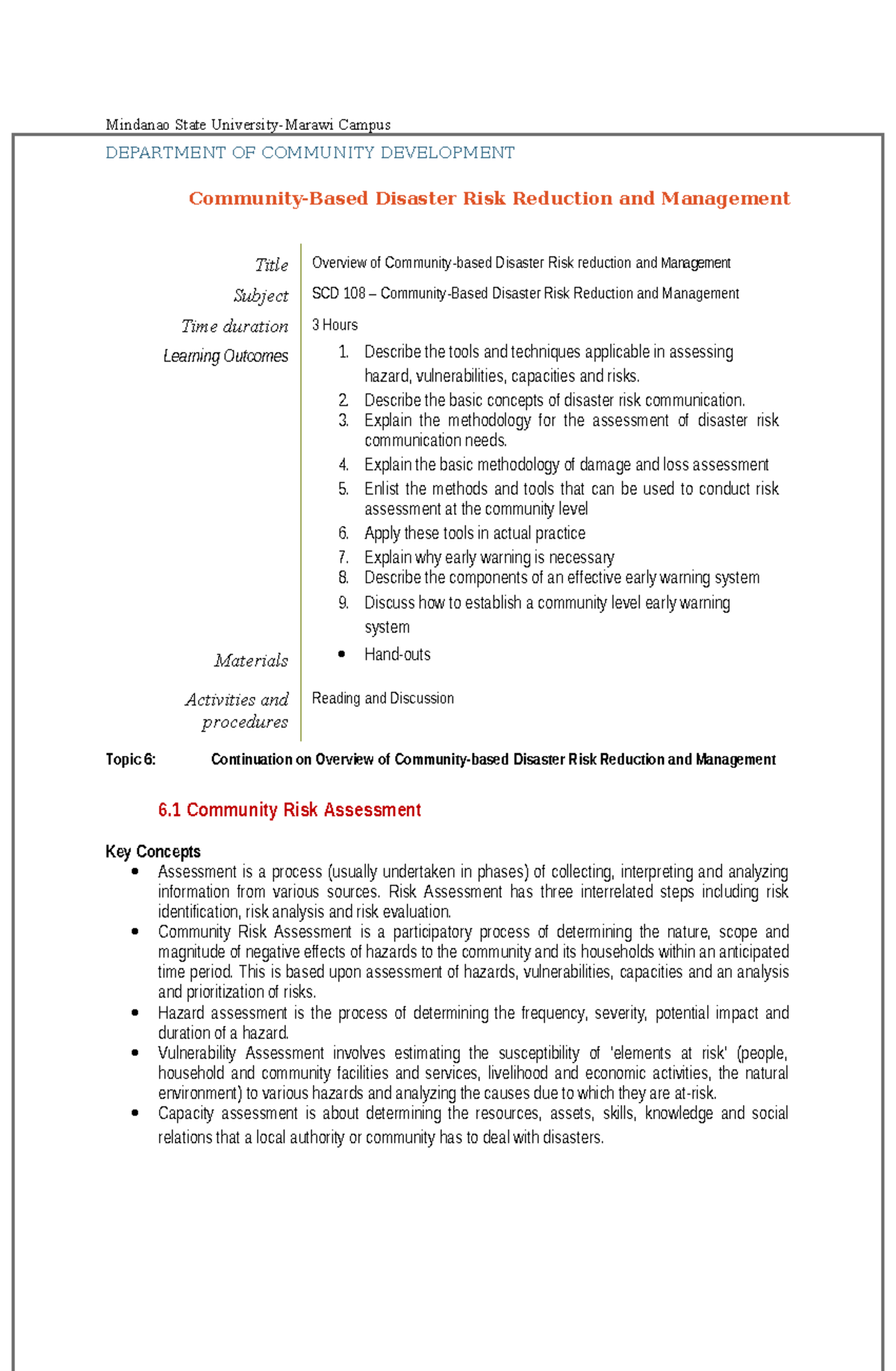 Topic 6 Community based DRRM - Mindanao State University-Marawi Campus ...