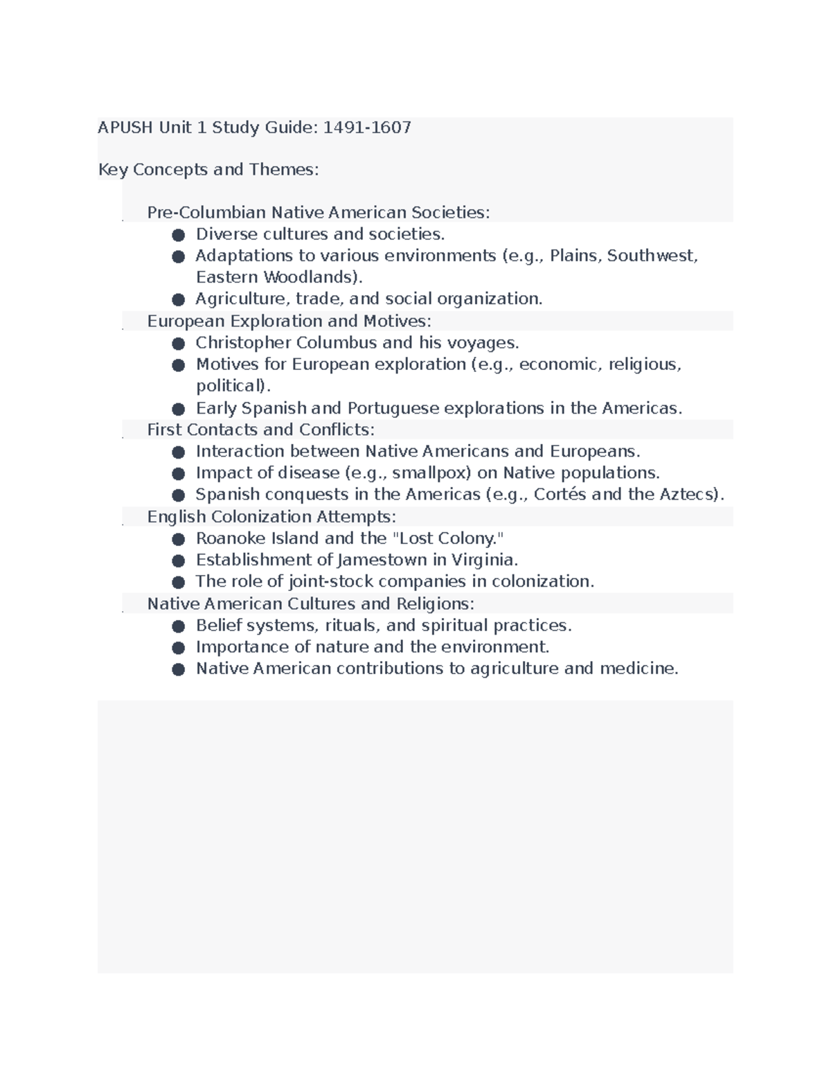 History Study Guide APUSH Unit 1 Study Guide 1491 Key Concepts And History Study Guide APUSH Unit 1 Study Guide 1491 Key Concepts And