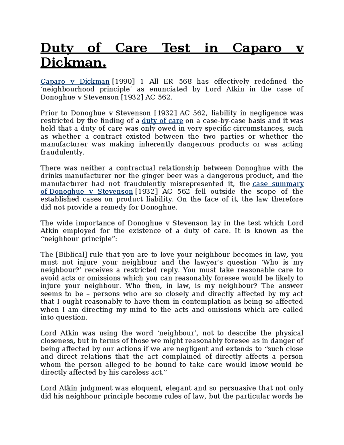 Duty of Care Test in Caparo v Dickman - Caparo v Dickman [1990] 1 All ...