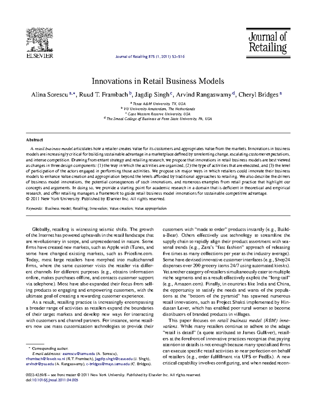 Innovations in Retail Business Models - Journal of Retailing 87S (1 ...