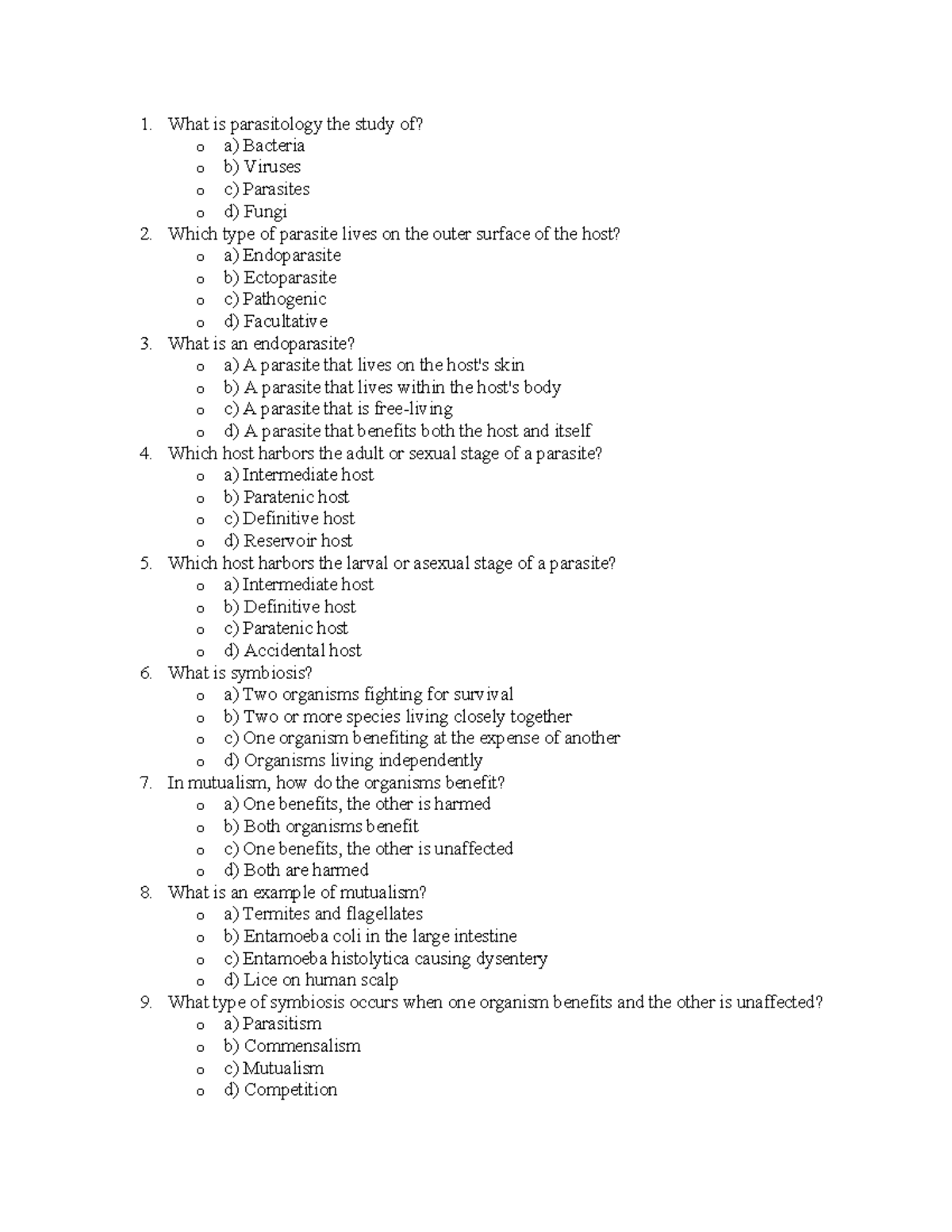 Parasitology Introduction RCA - 1. What is parasitology the study of? o ...