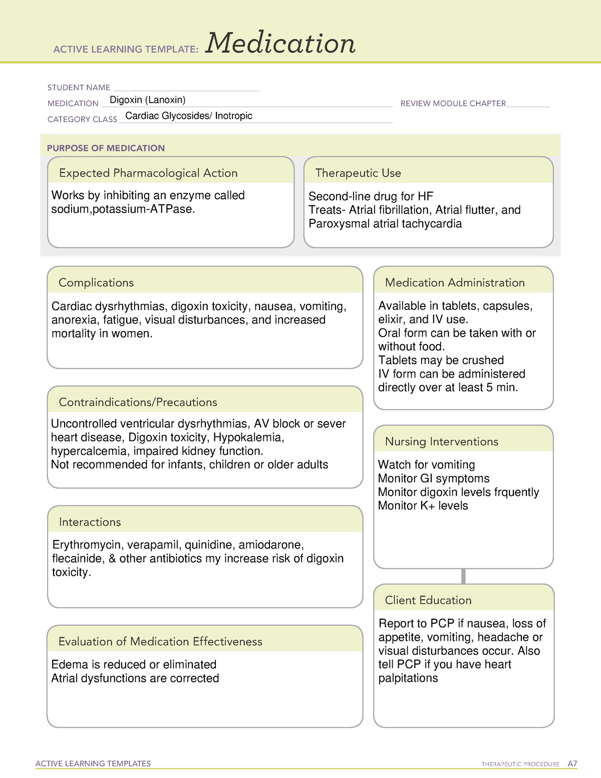 ATI Digoxin (Lanoxin) Med Sheet ACTIVE LEARNING TEMPLATES THERAPEUTIC