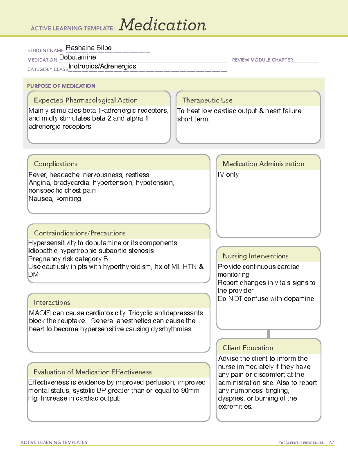 Dobutamine - ATI MED TEMPLATE - ACTIVE LEARNING TEMPLATES THERAPEUTIC ...