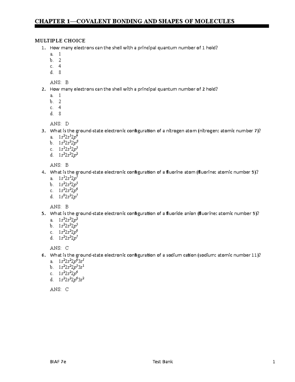 Biaf7e tb ch01 - Organic Chemistry exam 1 - CHAPTER 1—COVALENT BONDING ...