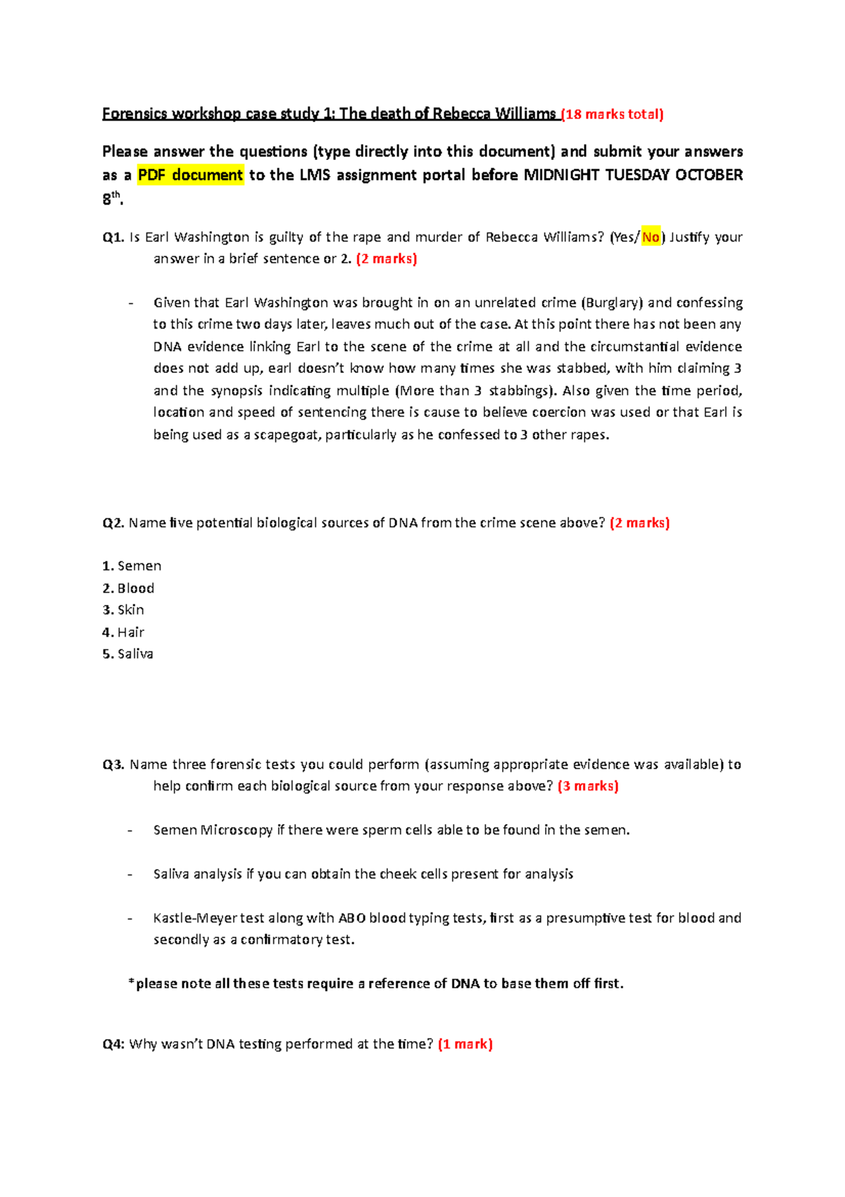 Forensics case study 1 (Monday) answer sheet Ndaba Forensics