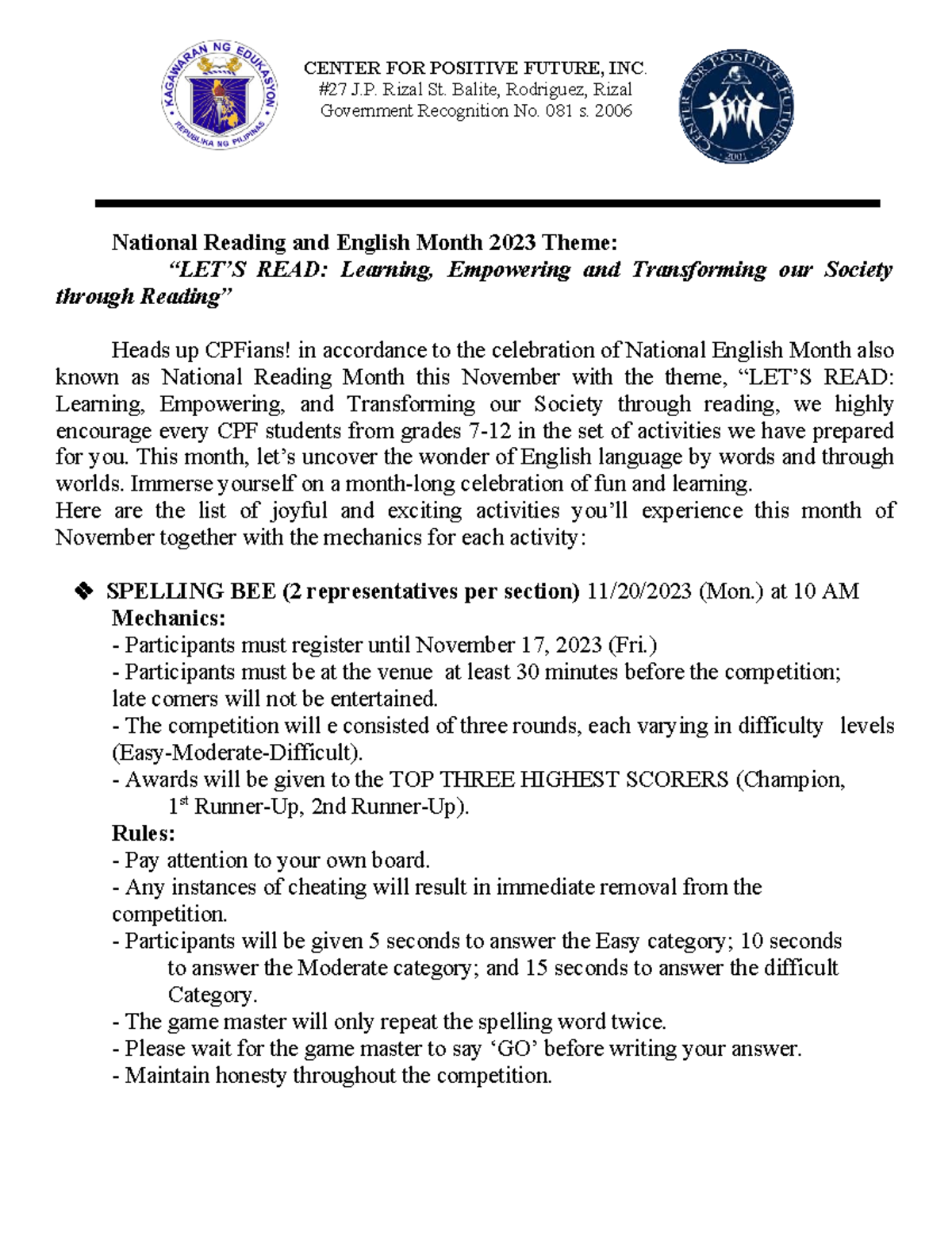English Month Set of Activities - CENTER FOR POSITIVE FUTURE, INC. #27 ...