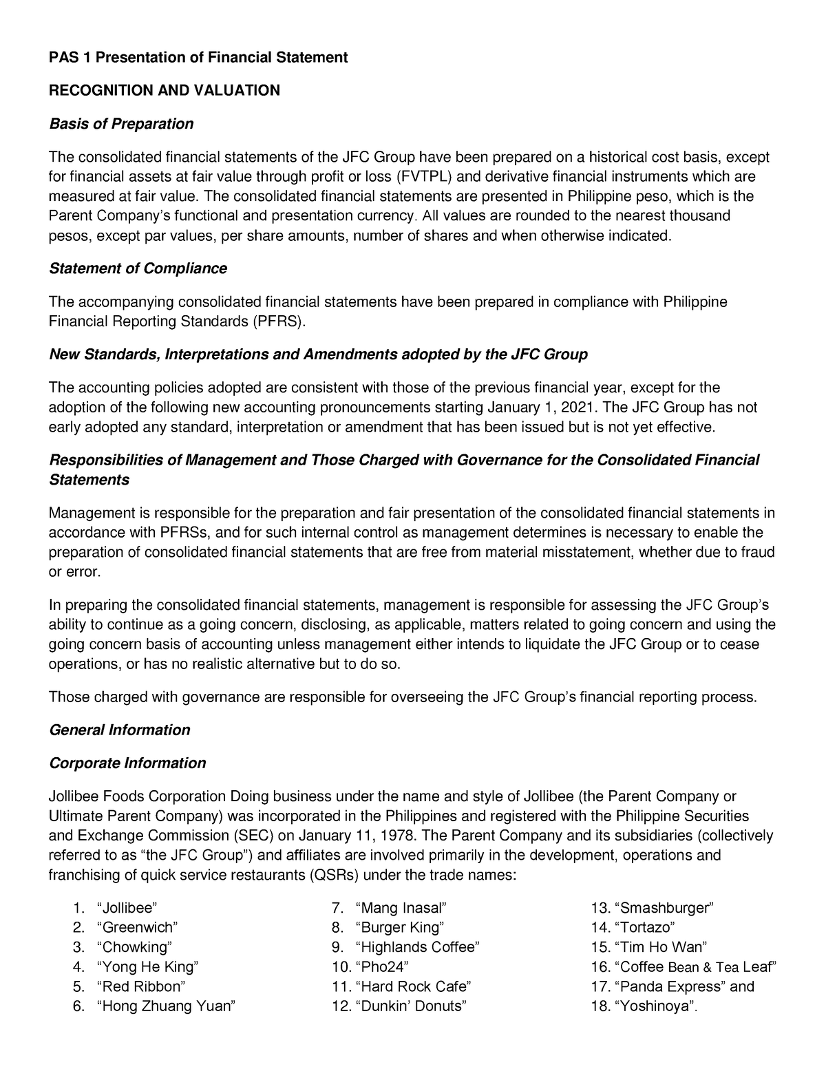 Cfas PAS And PFRS - SUMMARY OF PAS AND PFRS FOR CFAS - PAS 1 ...