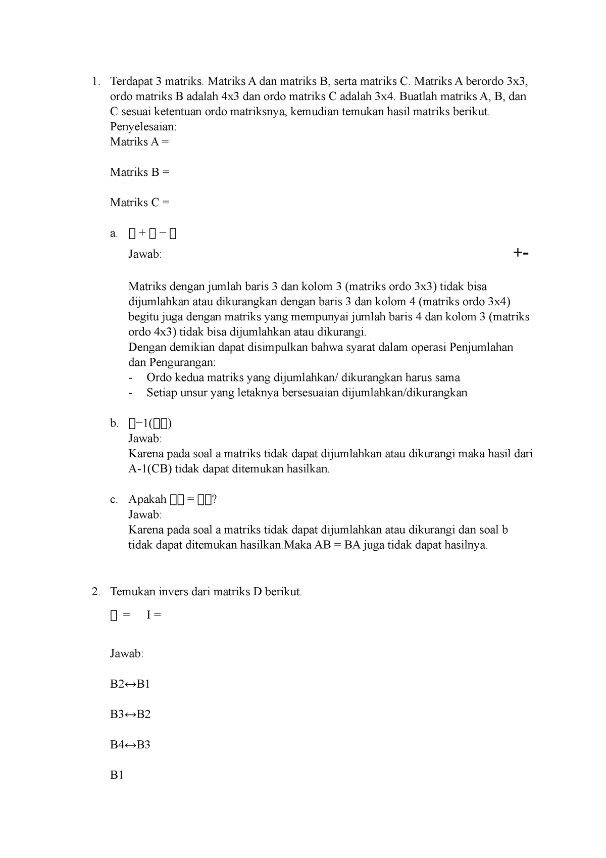 Latihan Soal Matriks - Terdapat 3 Matriks. Matriks A Dan Matriks B ...