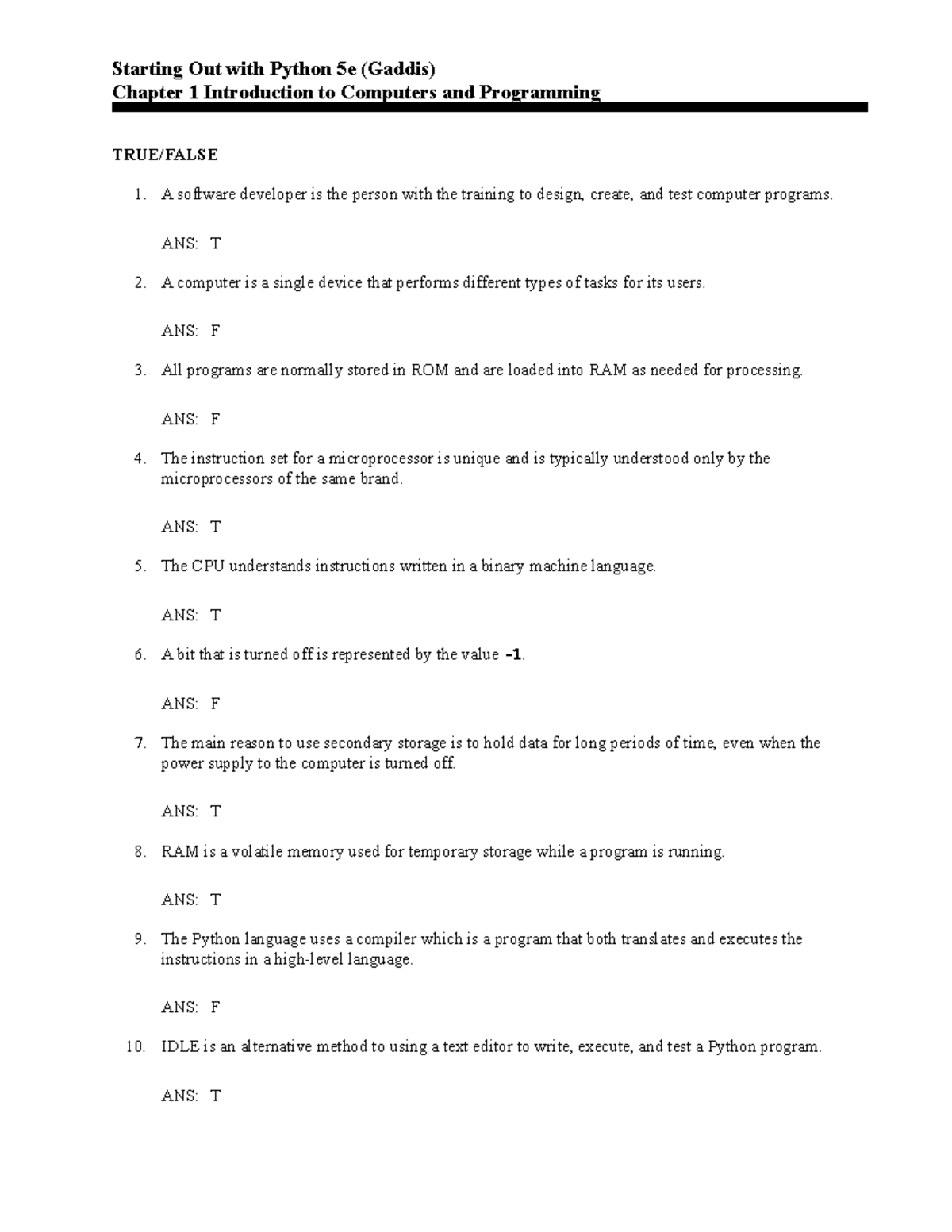 Test bank for starting out with python 5th edition tony gaddis ...