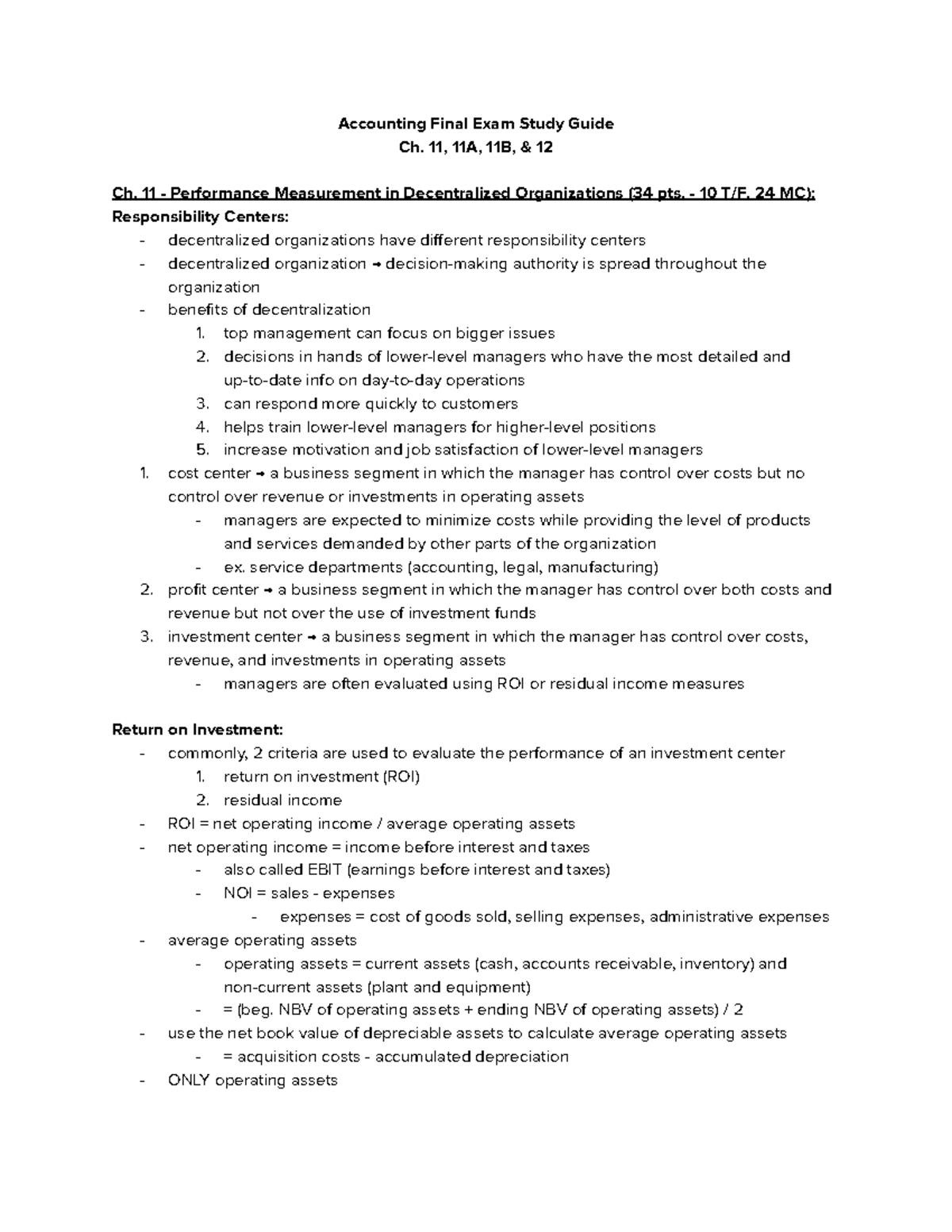 Accounting II Final Exam Study Guide - 11, 11A, 11B, & 12 Ch. 11 ...