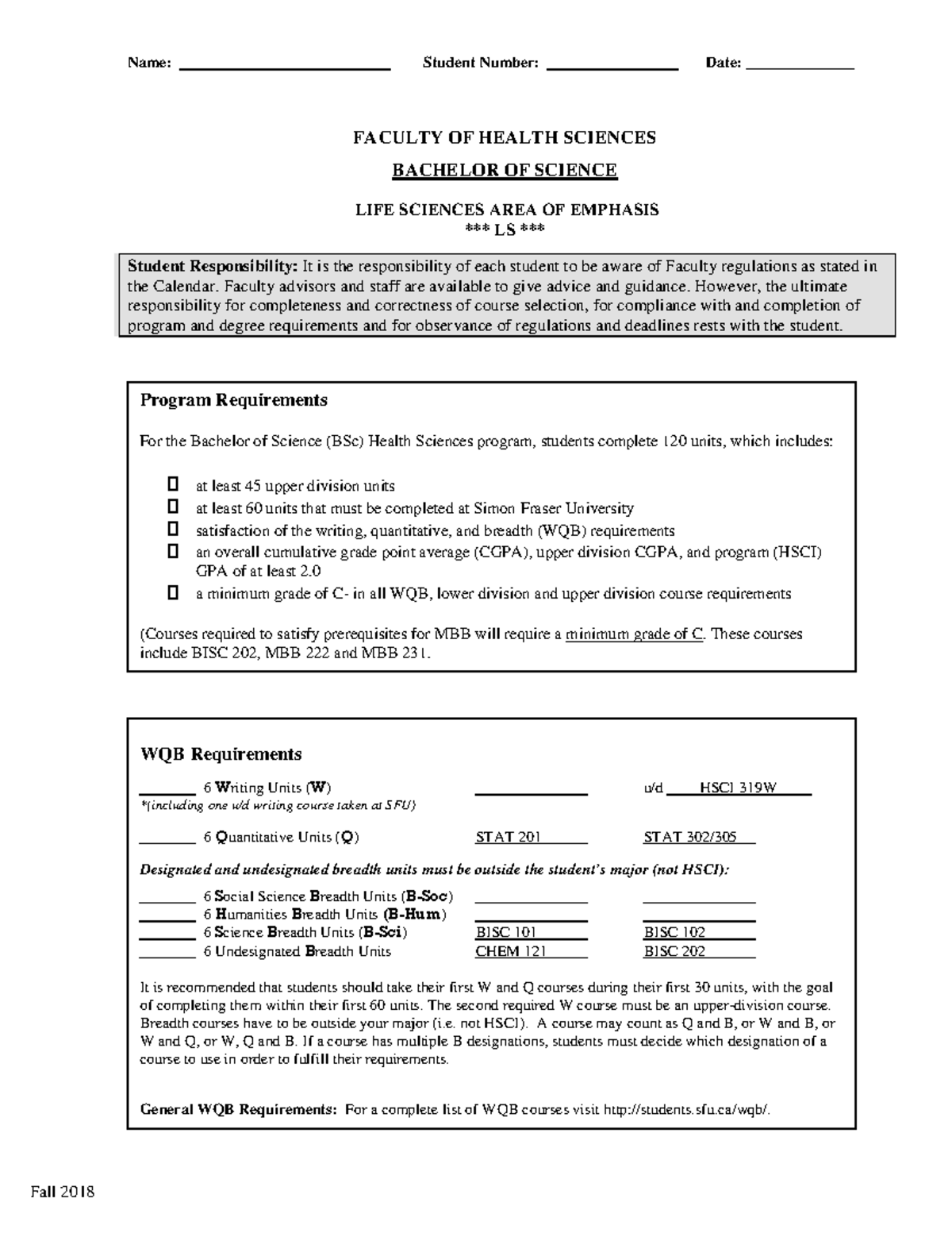 BSc LS Checklist - Fall 2018 Name: Student Number: Date ...