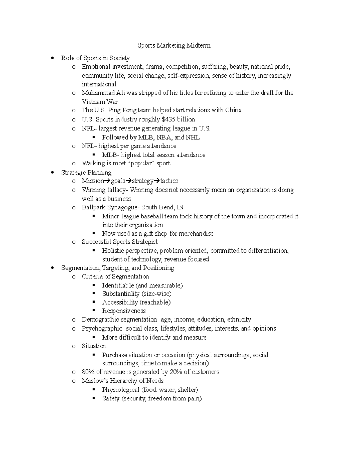 Midterm Study Guide Sports Marketing Midterm Role of Sports in