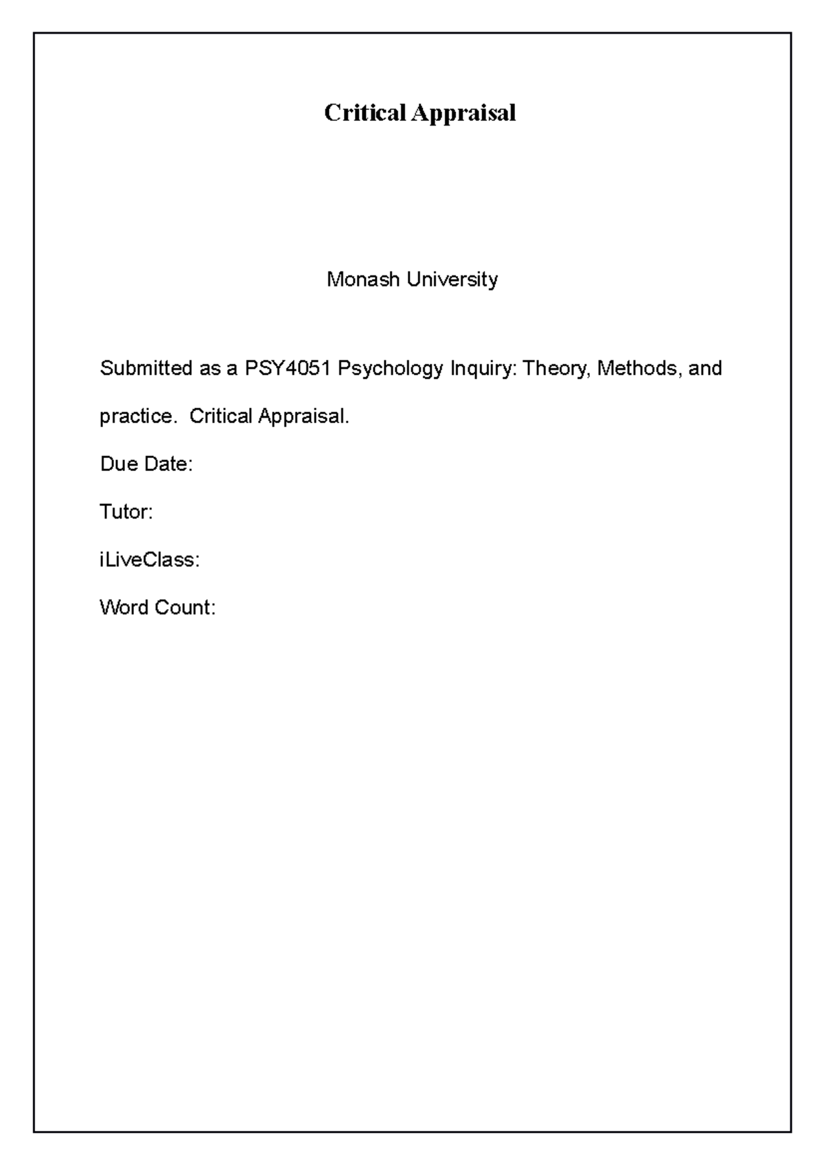 Critical appraisal - Critical Appraisal Monash University Submitted as
