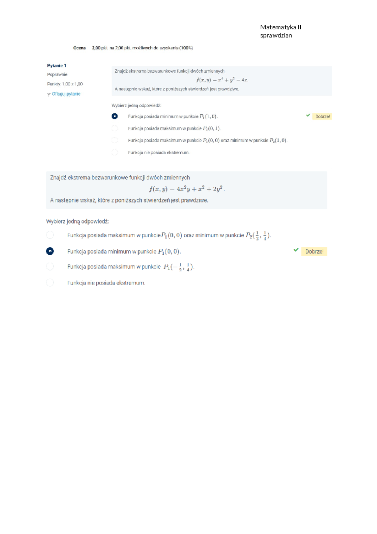 Matematyka II Sprawdzian z ekstremów funkcji dwóch zmiennych