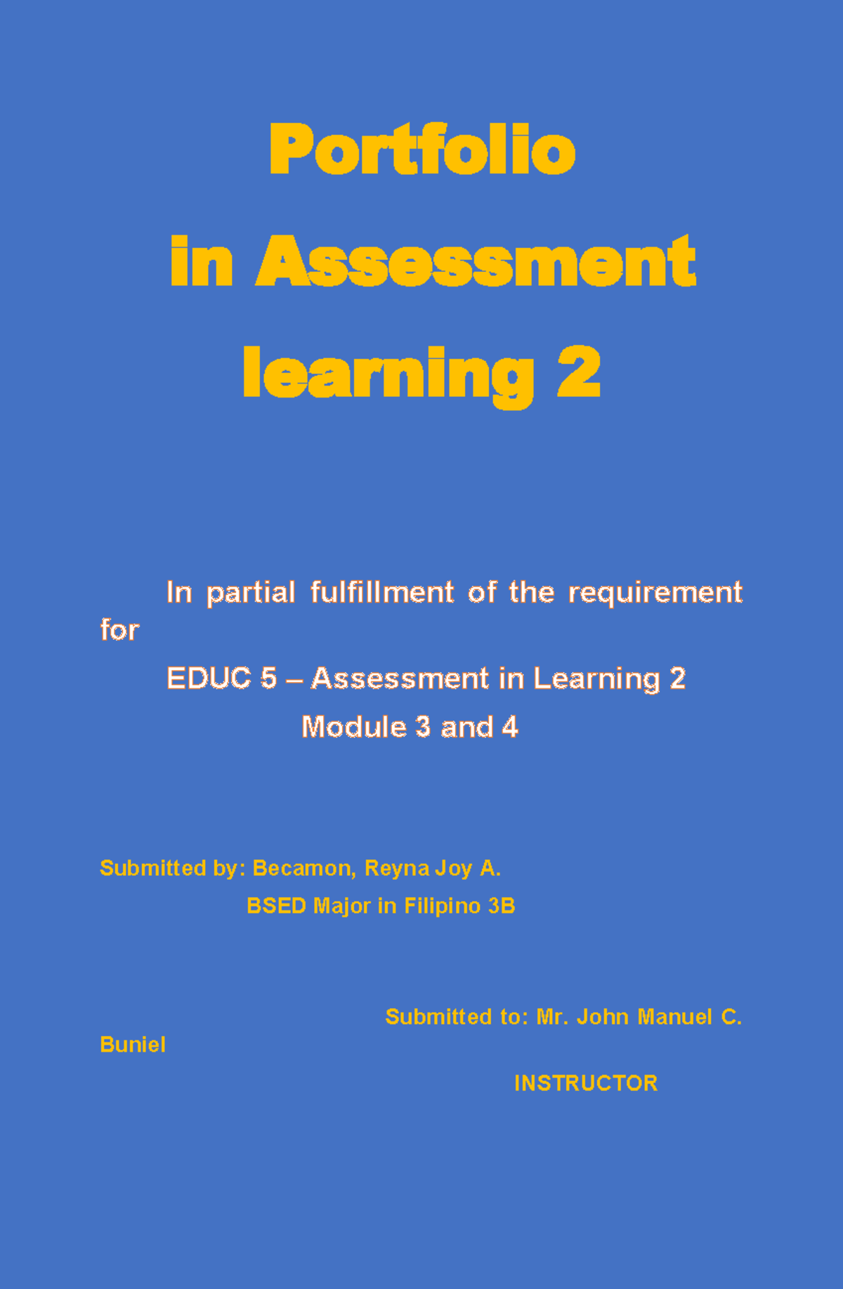 Portfoli 3&4 - PROF ED - Portfolio in Assessment learning 2 In partial ...