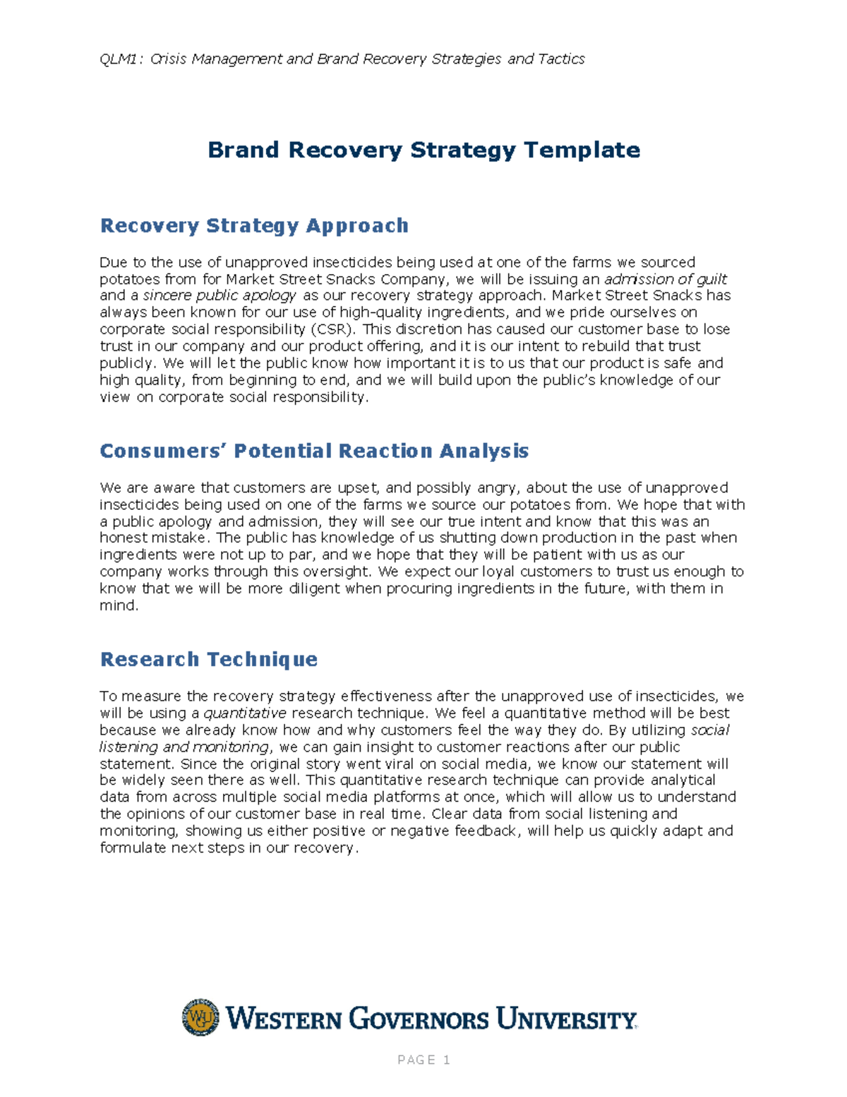 D177 Task 2- Brand Recovery Strategy - QLM1: Crisis Management and ...