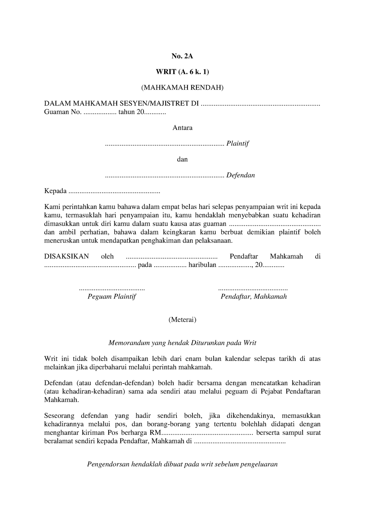 Sample OF WRIT CIVIL - No. 2A WRIT (A. 6 k. 1) (MAHKAMAH RENDAH) DALAM ...