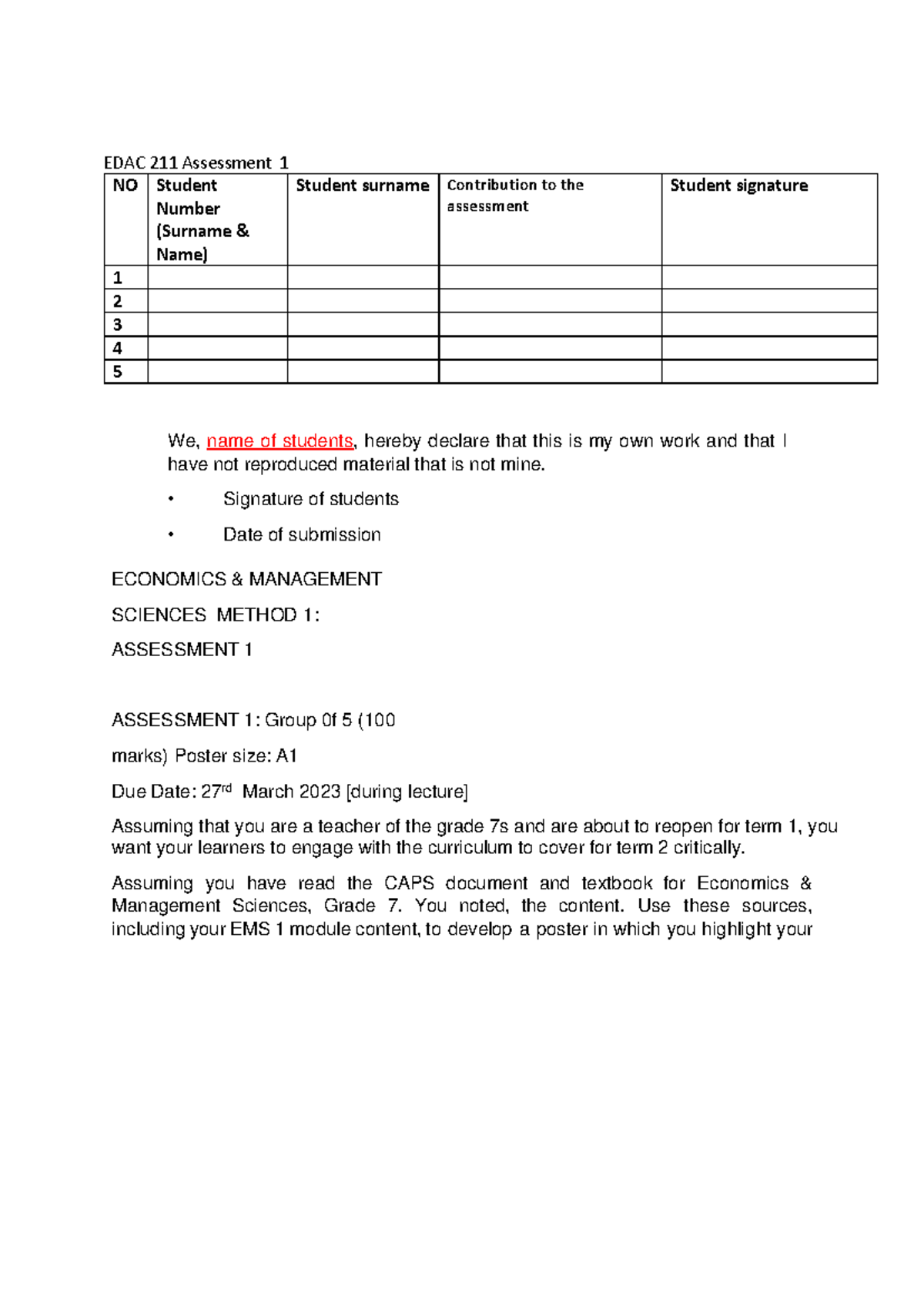 EDAC 211 Assessment 1 - Poster - EDAC 211 Assessment 1 NO Student ...