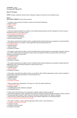 FQ2 - Auditing - Answer Key Set B - AUDITING – Set B Coverage: PSA 700 ...