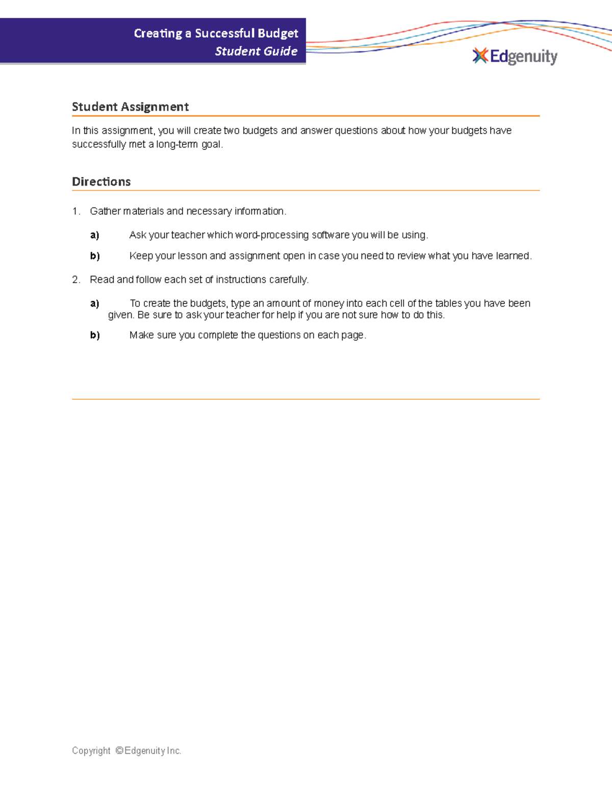 creating a new budget student assignment answer key