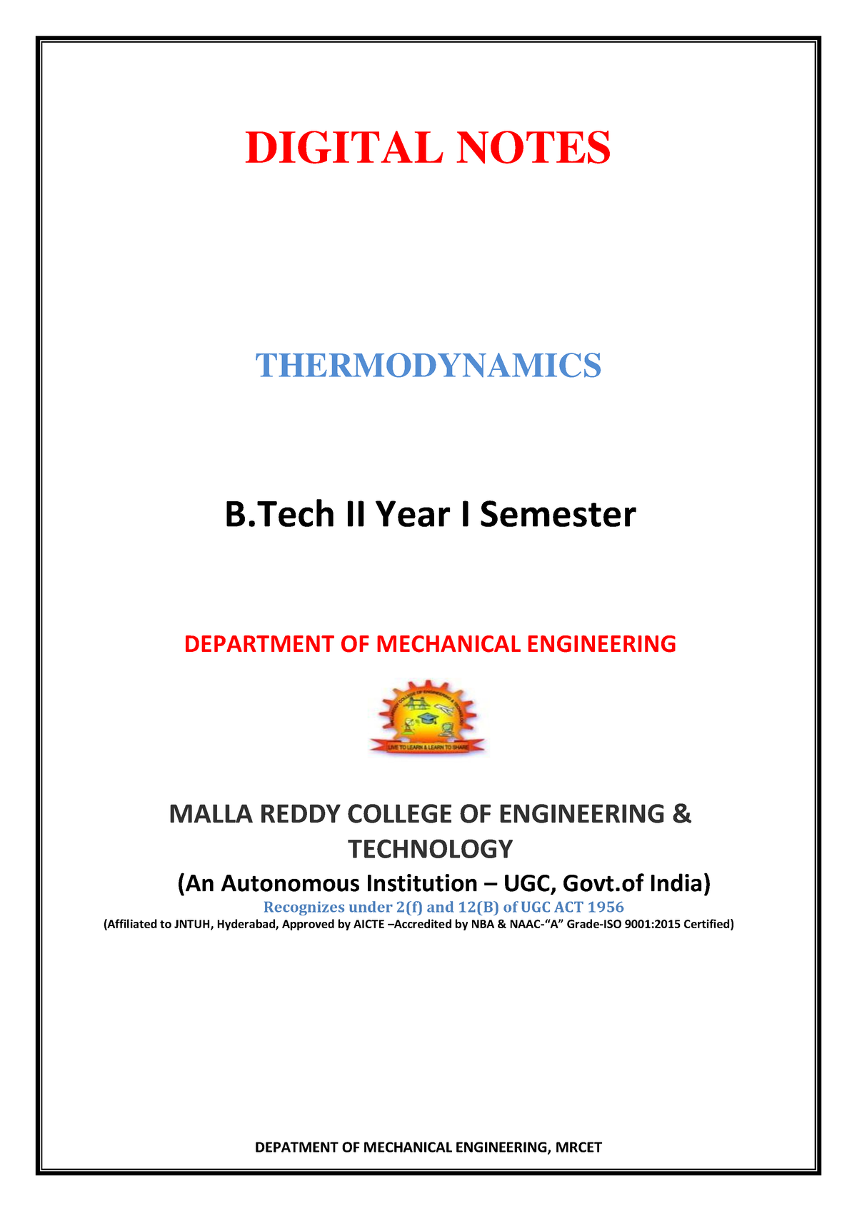 Thermodynamics Digital Notes-1-51 - DIGITAL NOTES THERMODYNAMICS B II ...