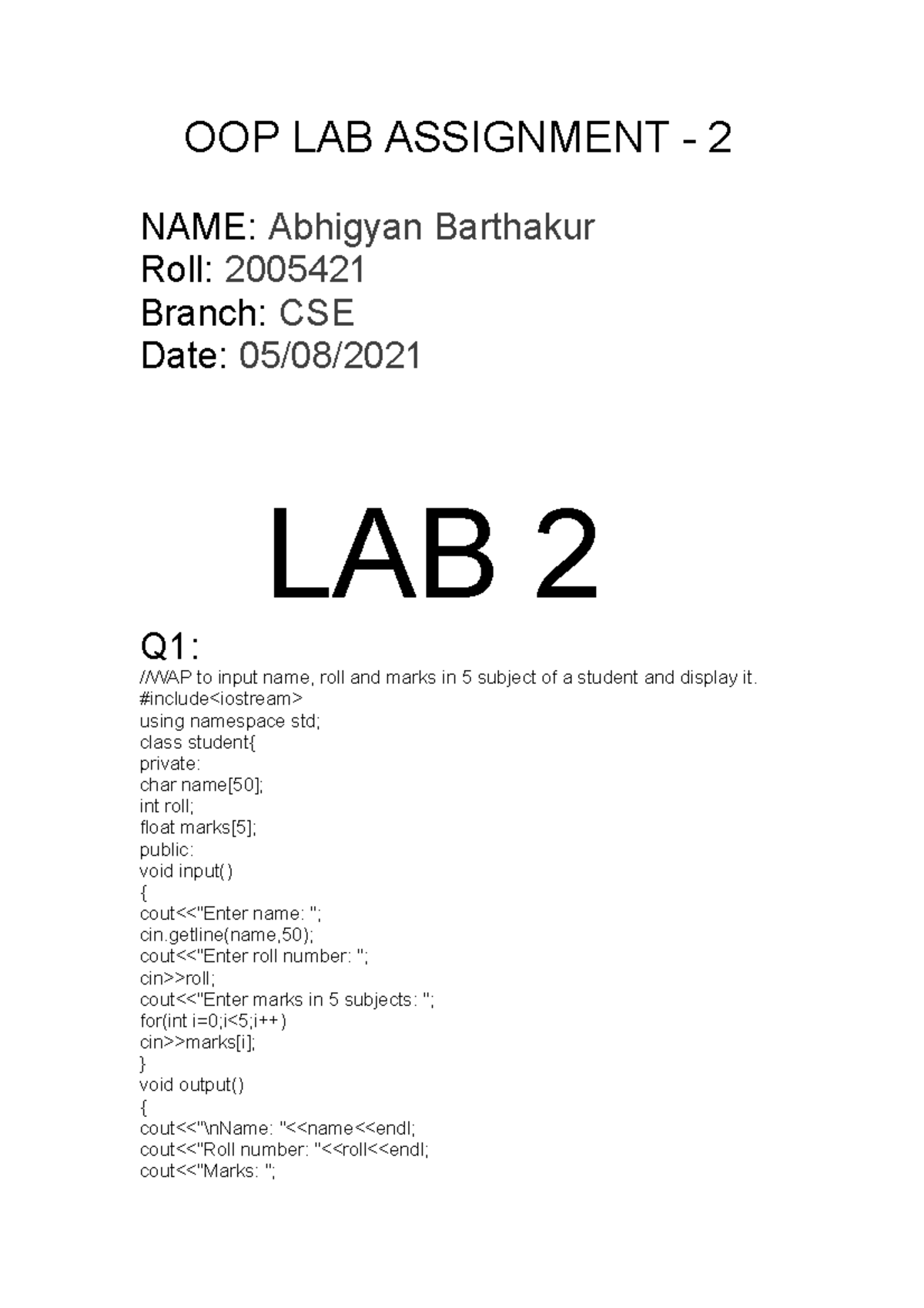 2005 421 oop lab 2 - lab assignment - OOP LAB ASSIGNMENT - 2 NAME ...