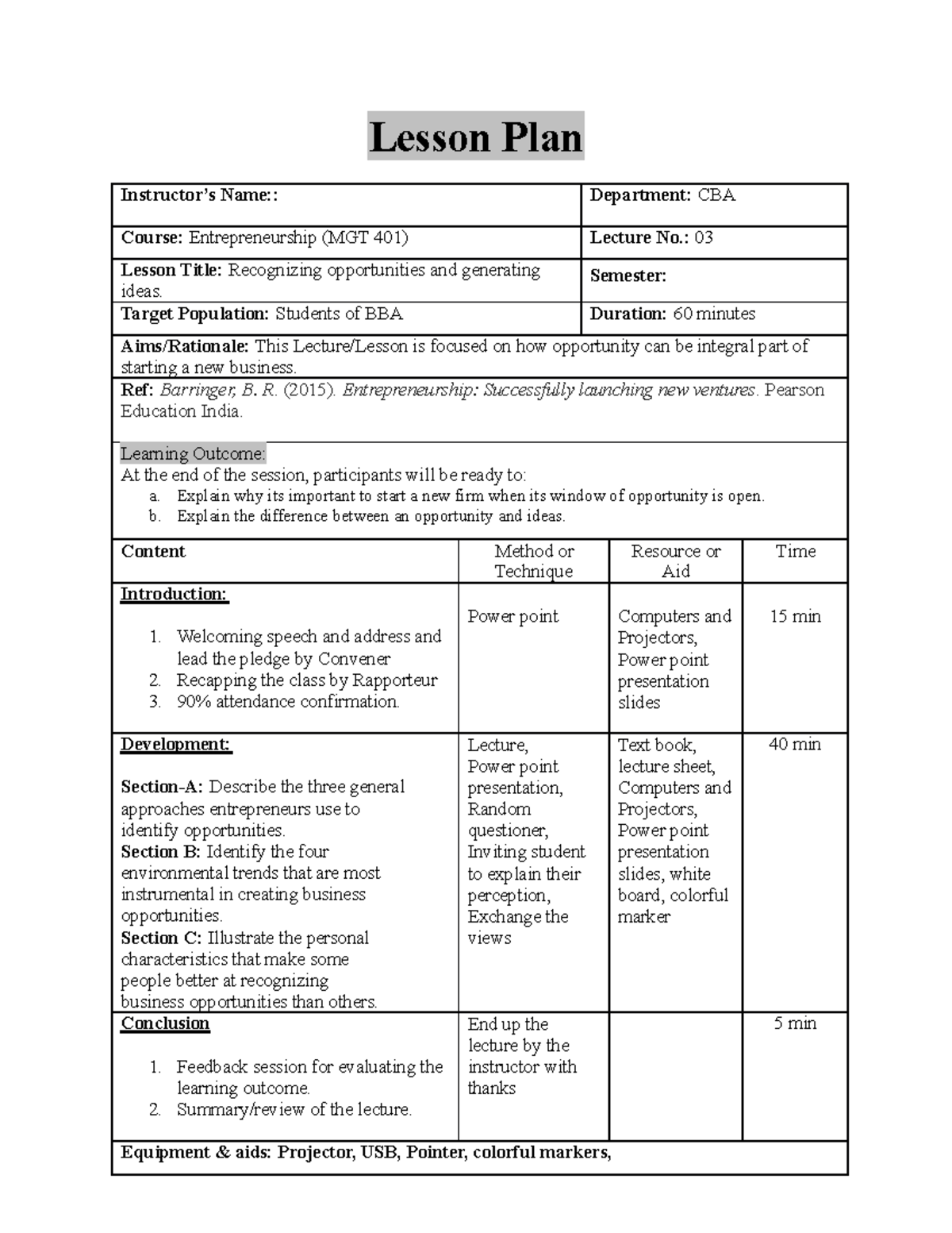 Lesson Plan Lec 03 MGT 401 - Lesson Plan Instructor’s Name:: Department ...