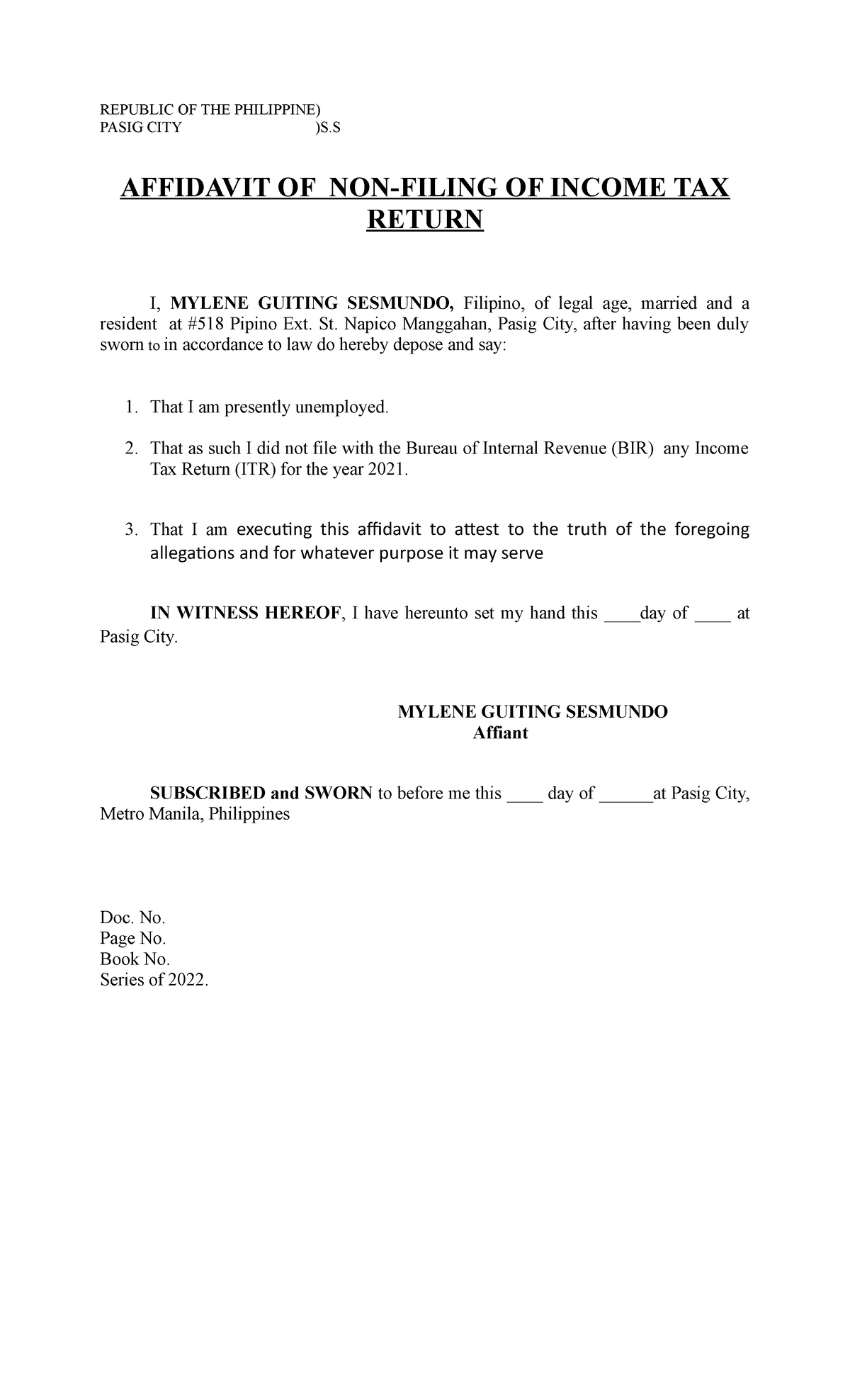 Affidavit Of Non Filling Of Itr Republic Of The Philippine Pasig City S Affidavit Of Non 4139