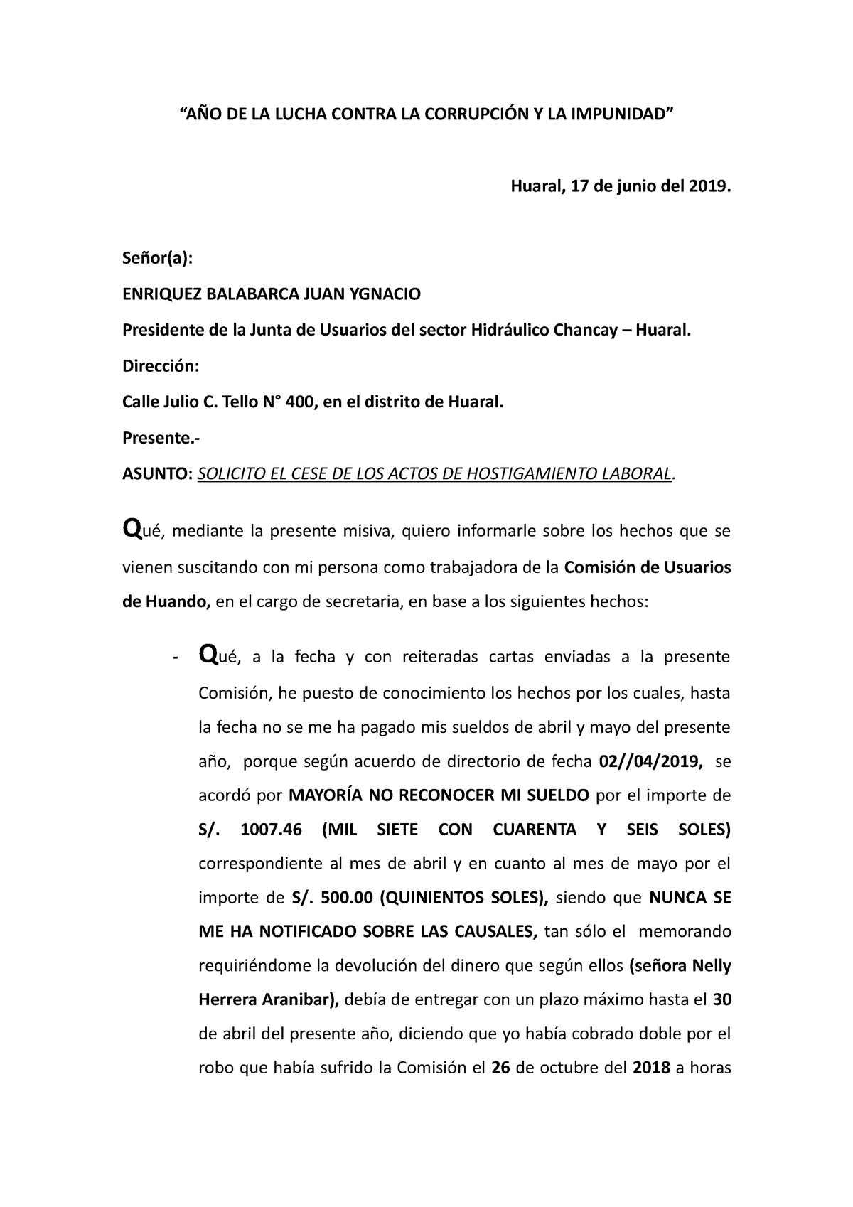 Carta Cese de hostigamiento laboral Angélica Loli - “AÑO DE LA LUCHA CONTRA  LA CORRUPCIÓN Y LA - Studocu
