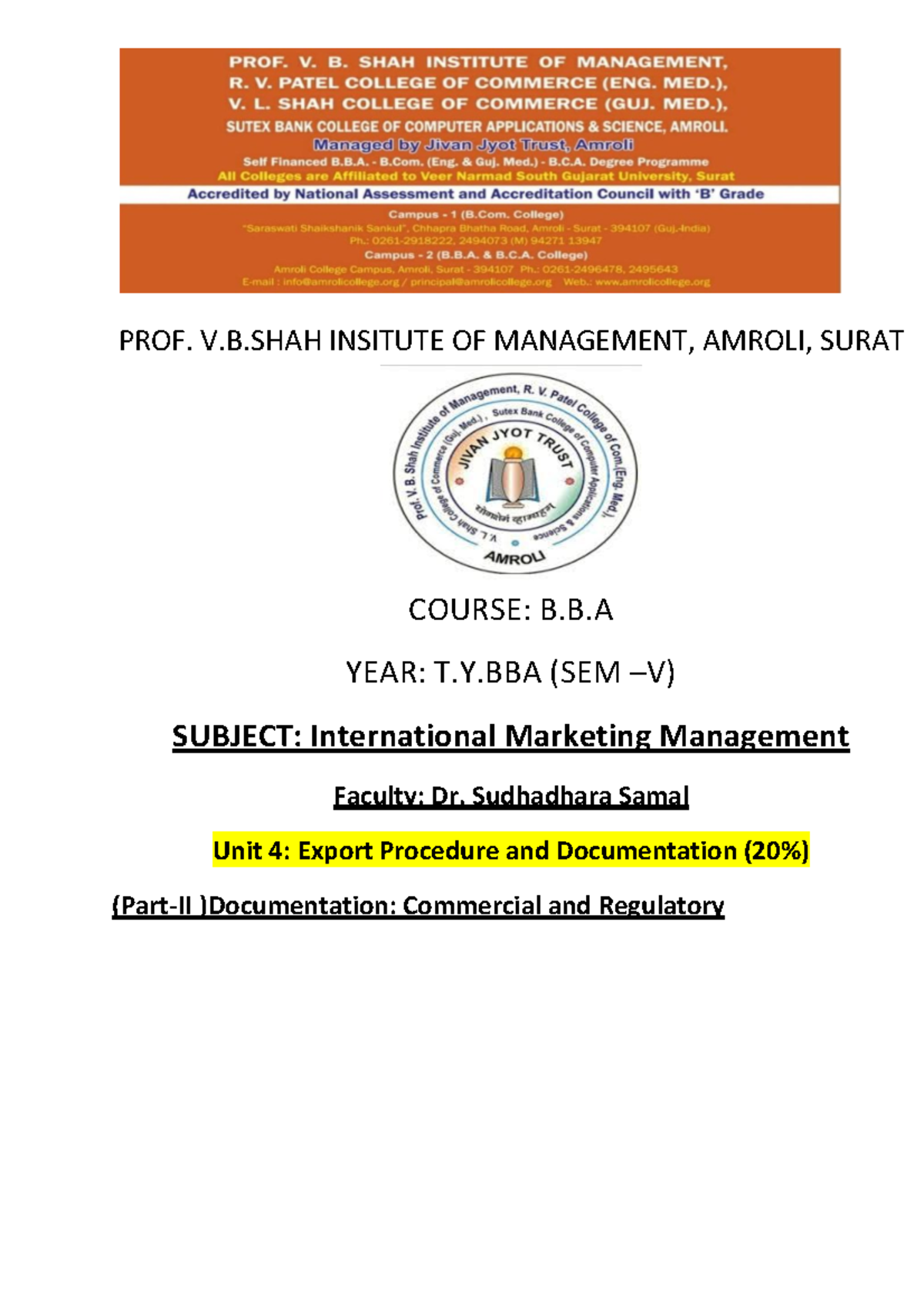 Export Documents - PROF. V.B INSITUTE OF MANAGEMENT, AMROLI, SURAT ...