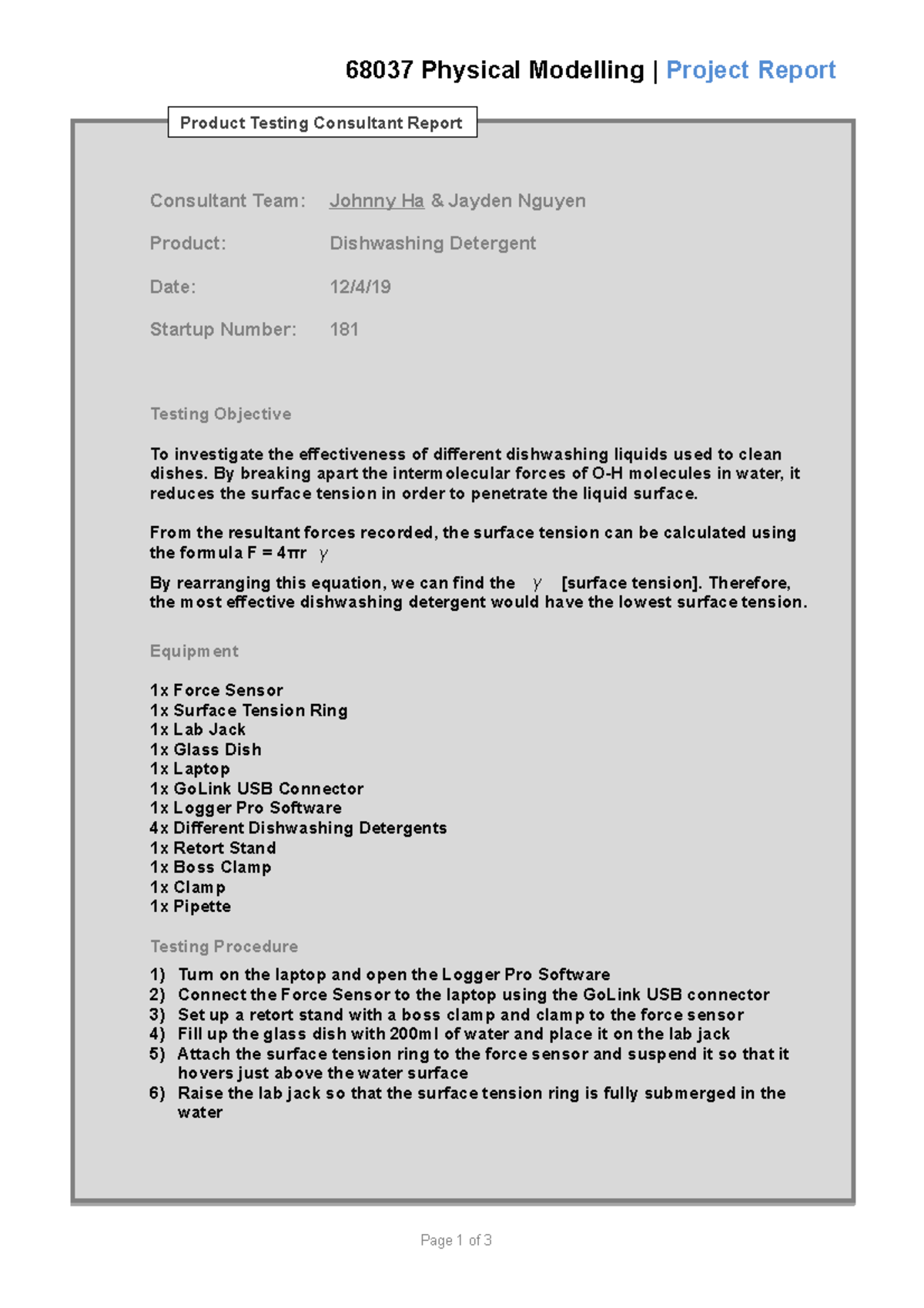 Dishwashing Detergent Lab Report Consultant Team Johnny Ha & Jayden