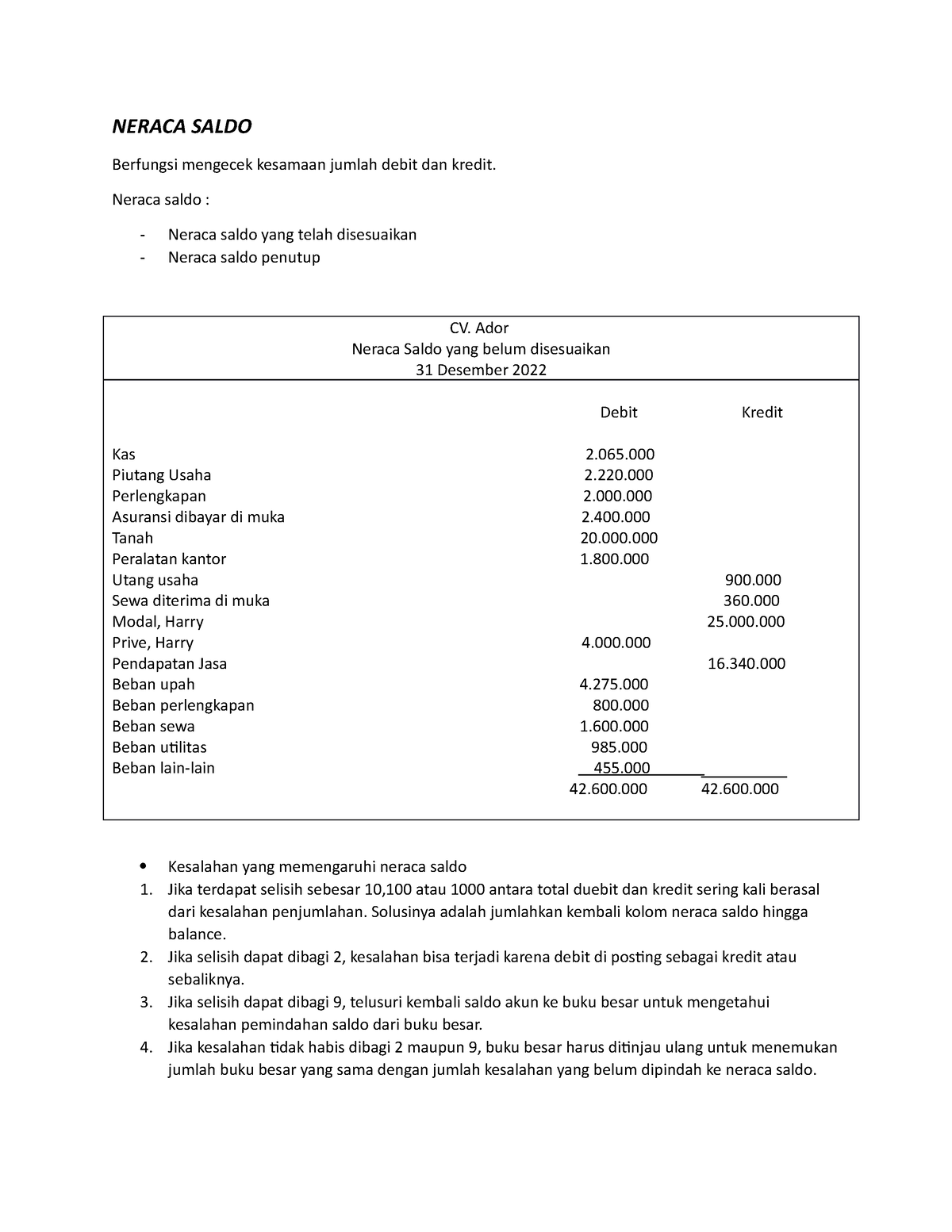 Neraca Saldo - NERACA SALDO Berfungsi Mengecek Kesamaan Jumlah Debit ...